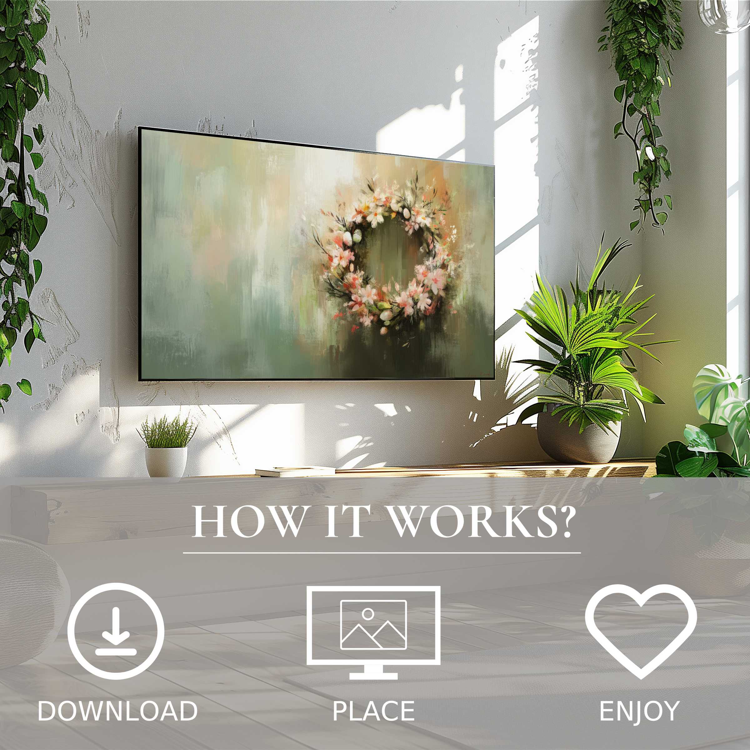 Modern living room with easter art for Samsung TV showing soft floral wreath in muted tones, easy digital download