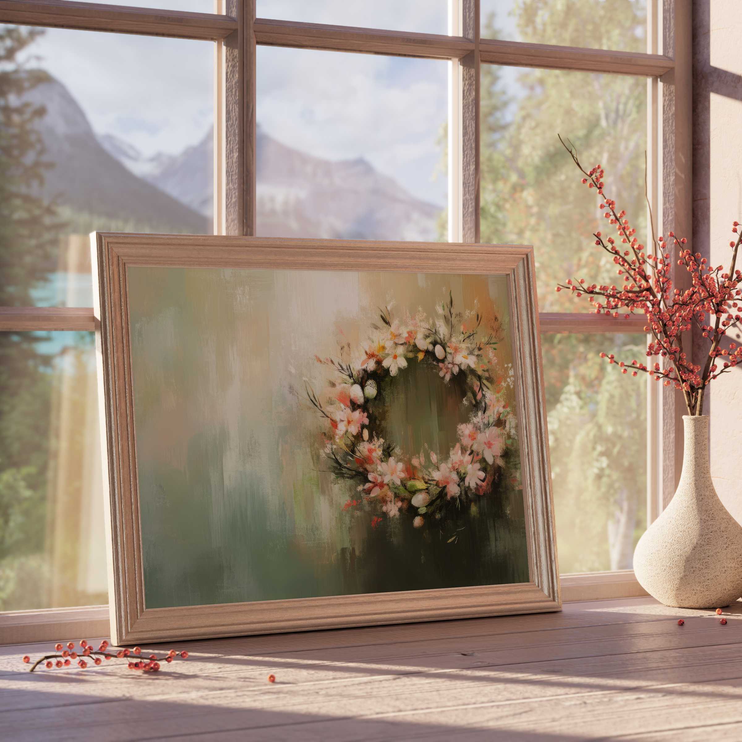 Easter downloadable art featuring a delicate floral wreath, evoking calm, curated elegance for stylish, serene interiors