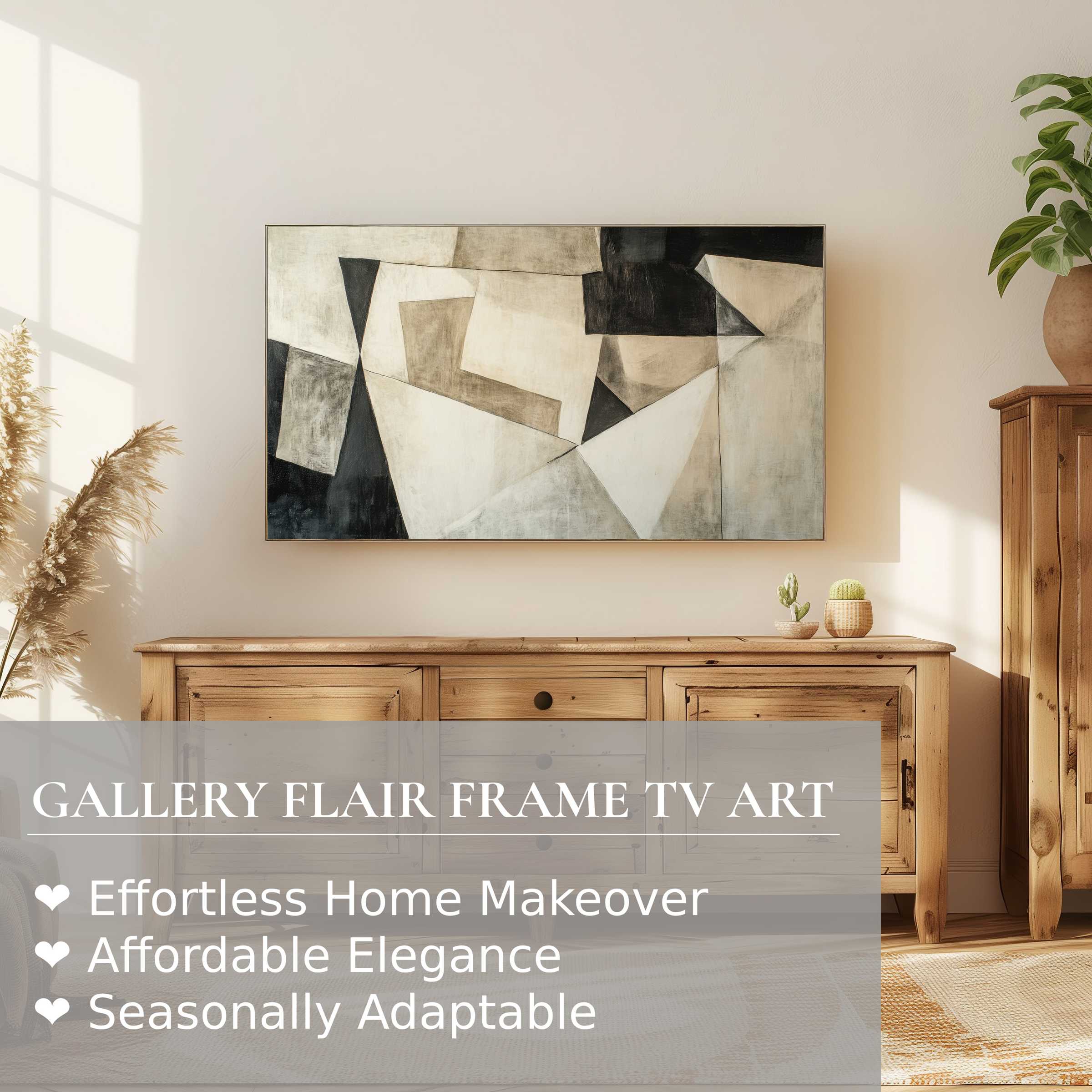 Samsung Frame TV displays elegant abstract digital artwork in a warm, modern living room with natural wood décor