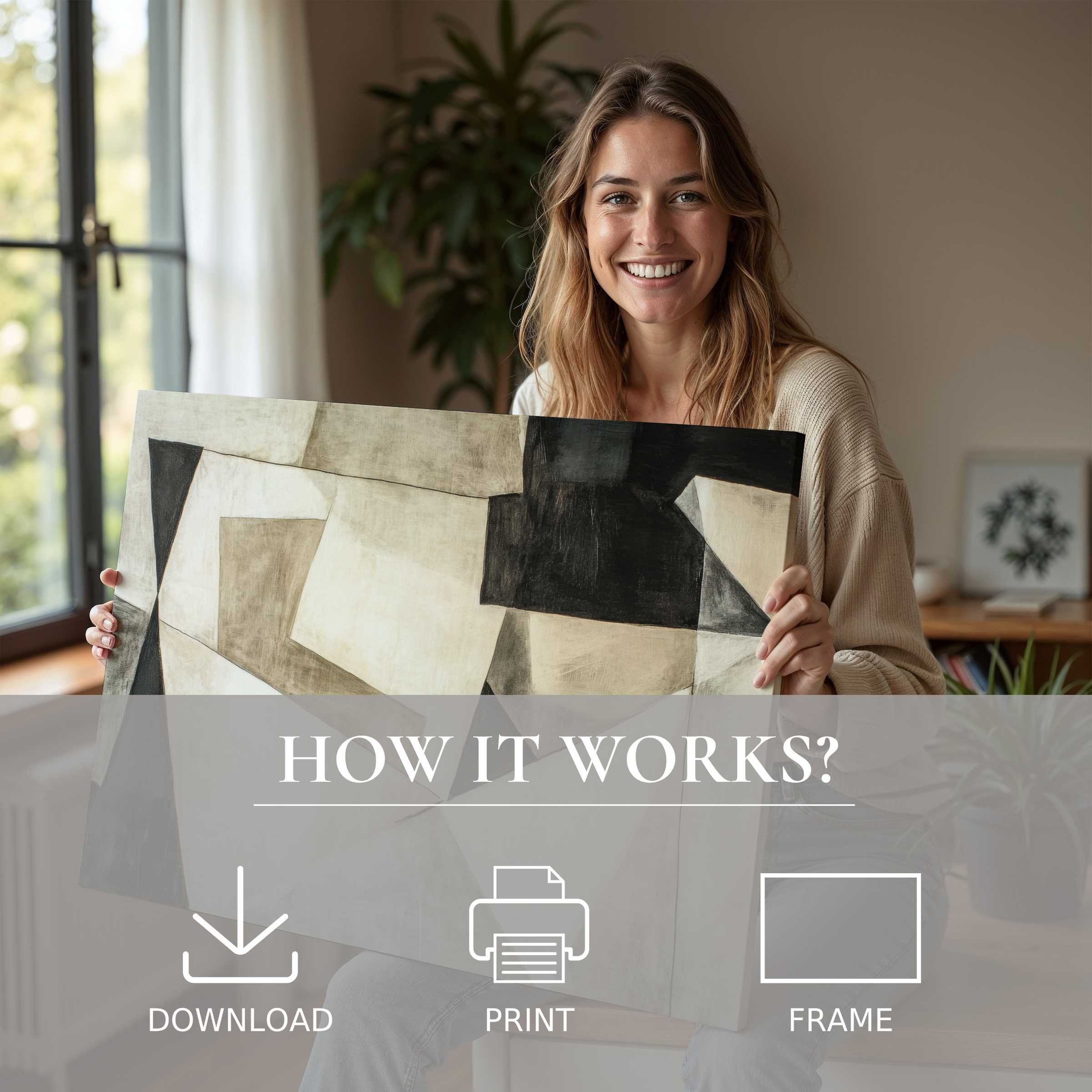 A serene moment capturing the joy of embracing abstract digital art print in a stylish, sunlit home