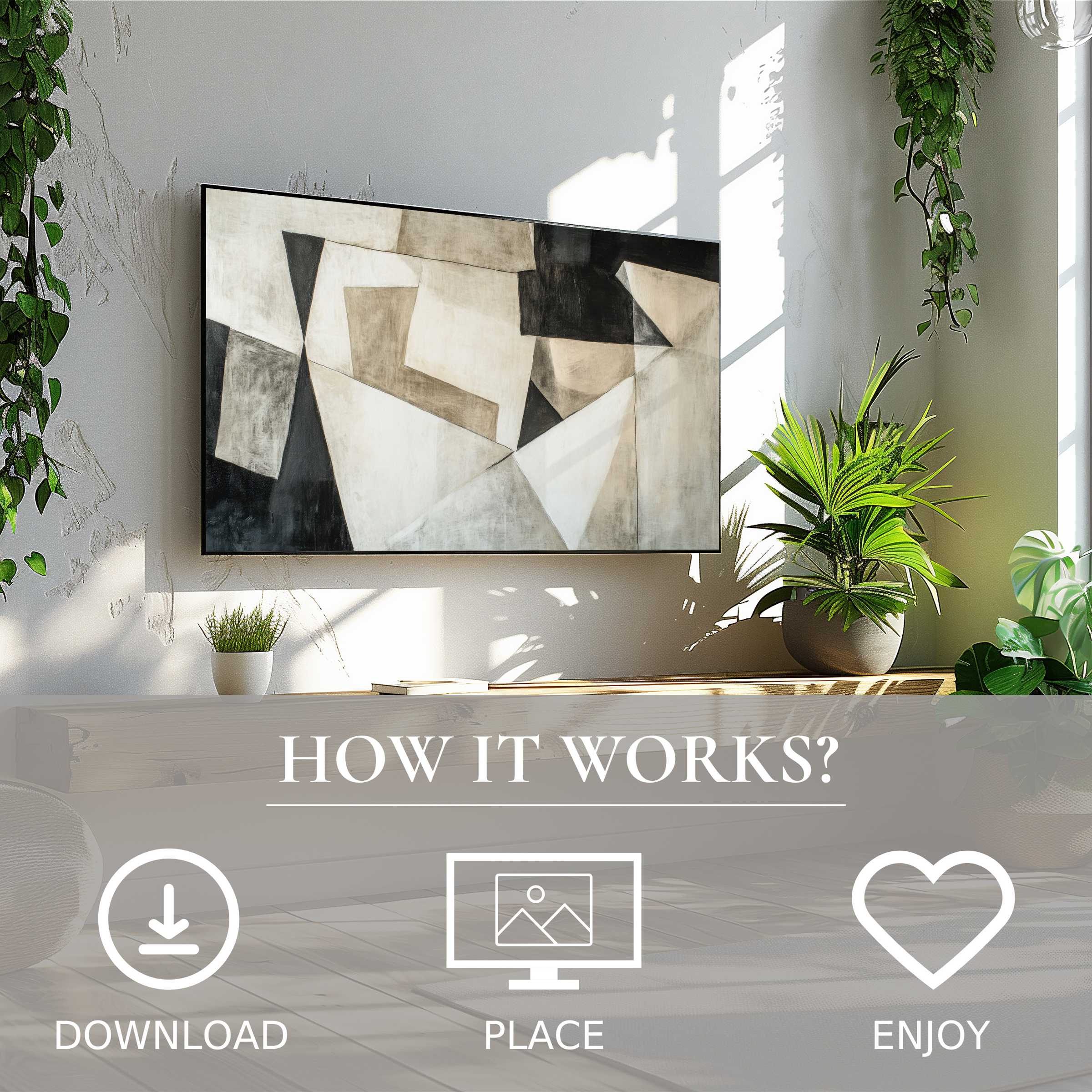 Modern living room with abstract art for Samsung TV in neutral geometric tones; easy digital download enhances any space