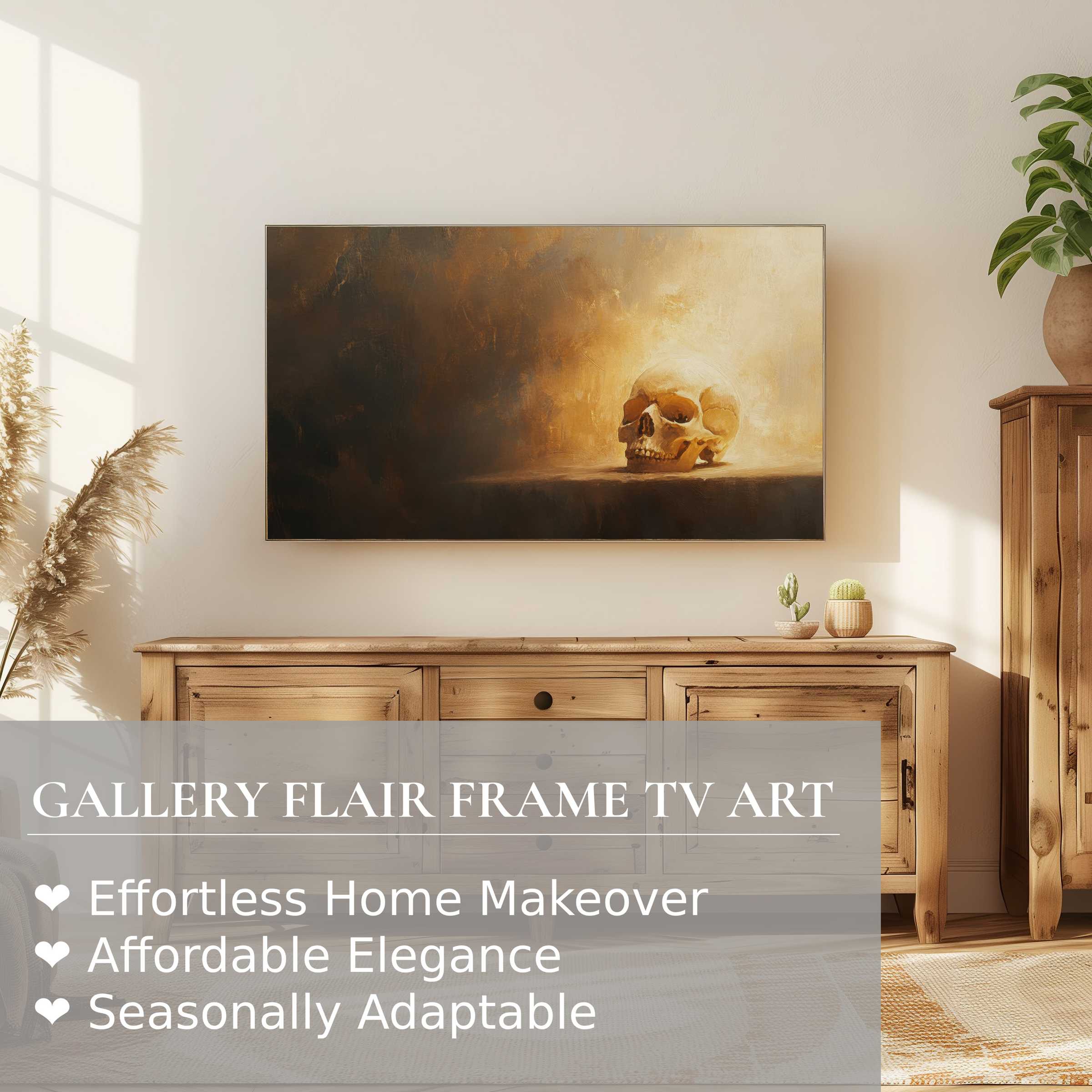 Samsung Frame TV displays warm, elegant halloween digital artwork of a skull in a refined modern living space
