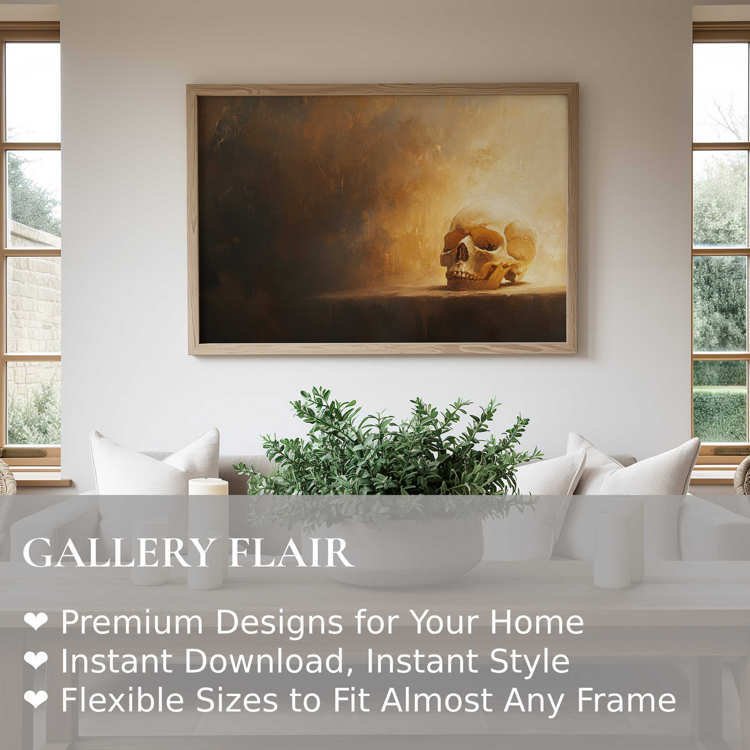 Moody halloween wall art print featuring a luminous skull in warm amber tones, elevating modern minimalist interiors with bold, evocative style