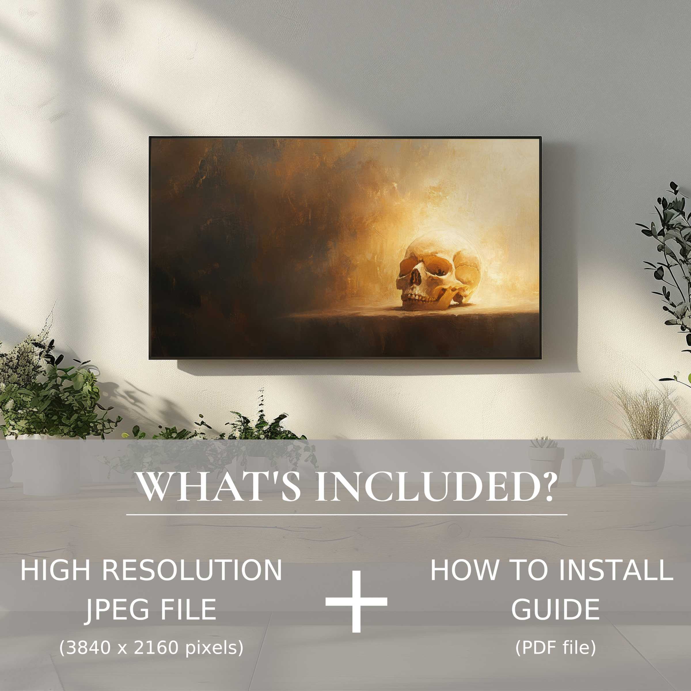 Elegant living space enhanced by halloween digital TV art download featuring easy use and timeless skull design