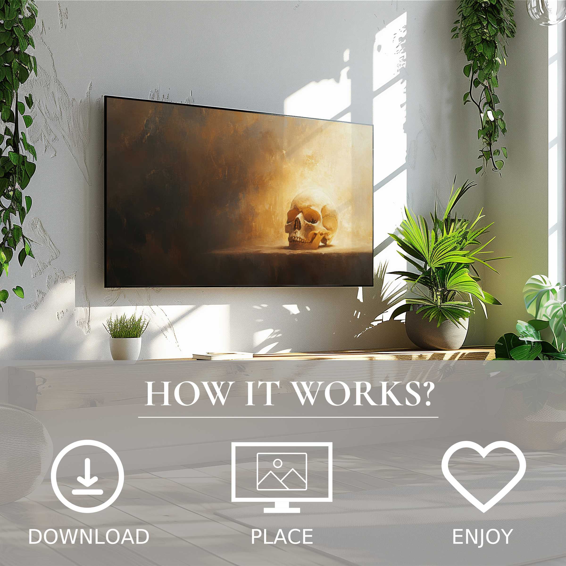 Modern living room with halloween art for Samsung TV showing warm skull motif; easy digital download enriches space