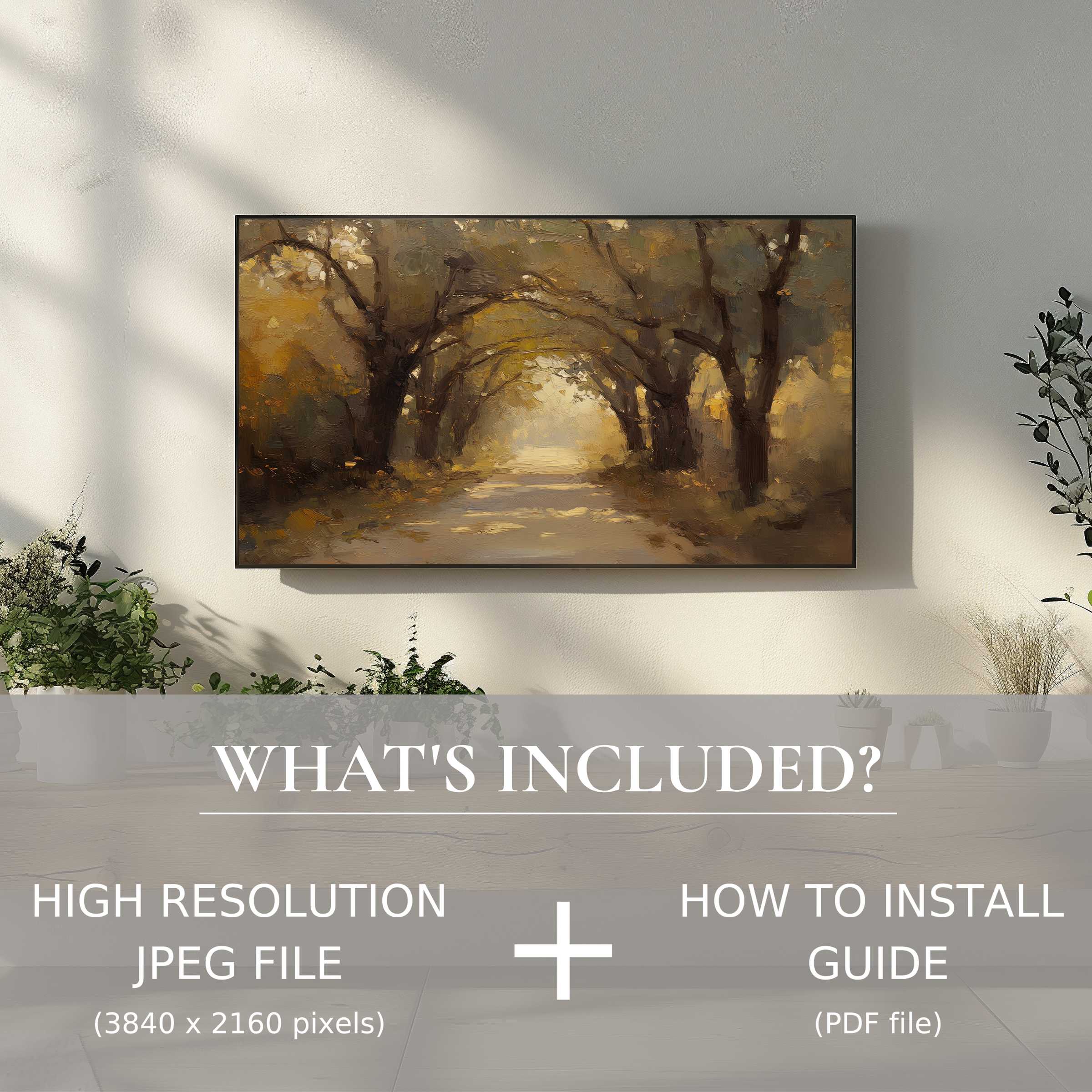 Elegant fall digital TV art download with easy digital use enhances sophisticated living rooms with warm autumnal tones