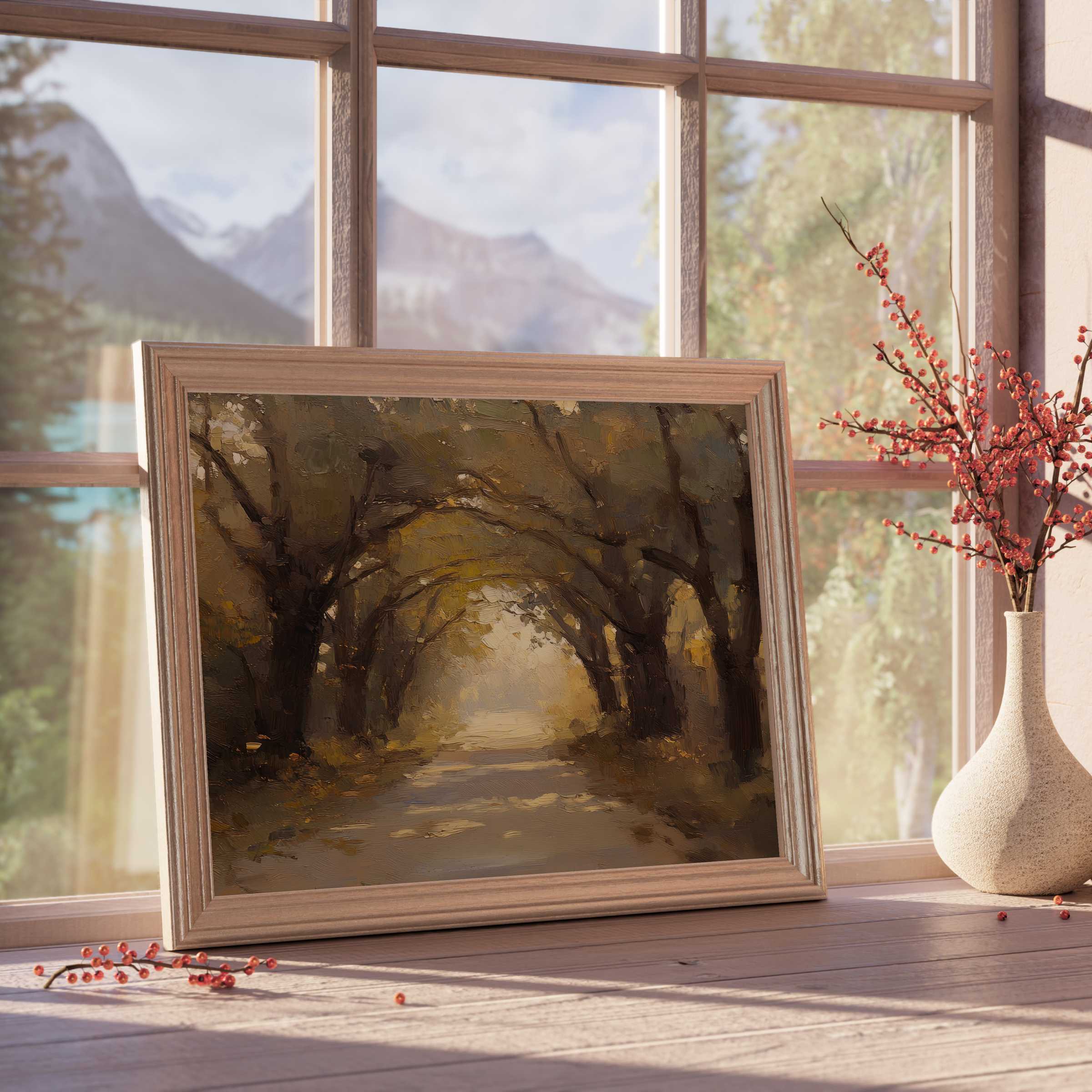 Fall downloadable art of a tranquil tree-lined path in golden hues, elevating serene, curated interiors with warm autumn charm