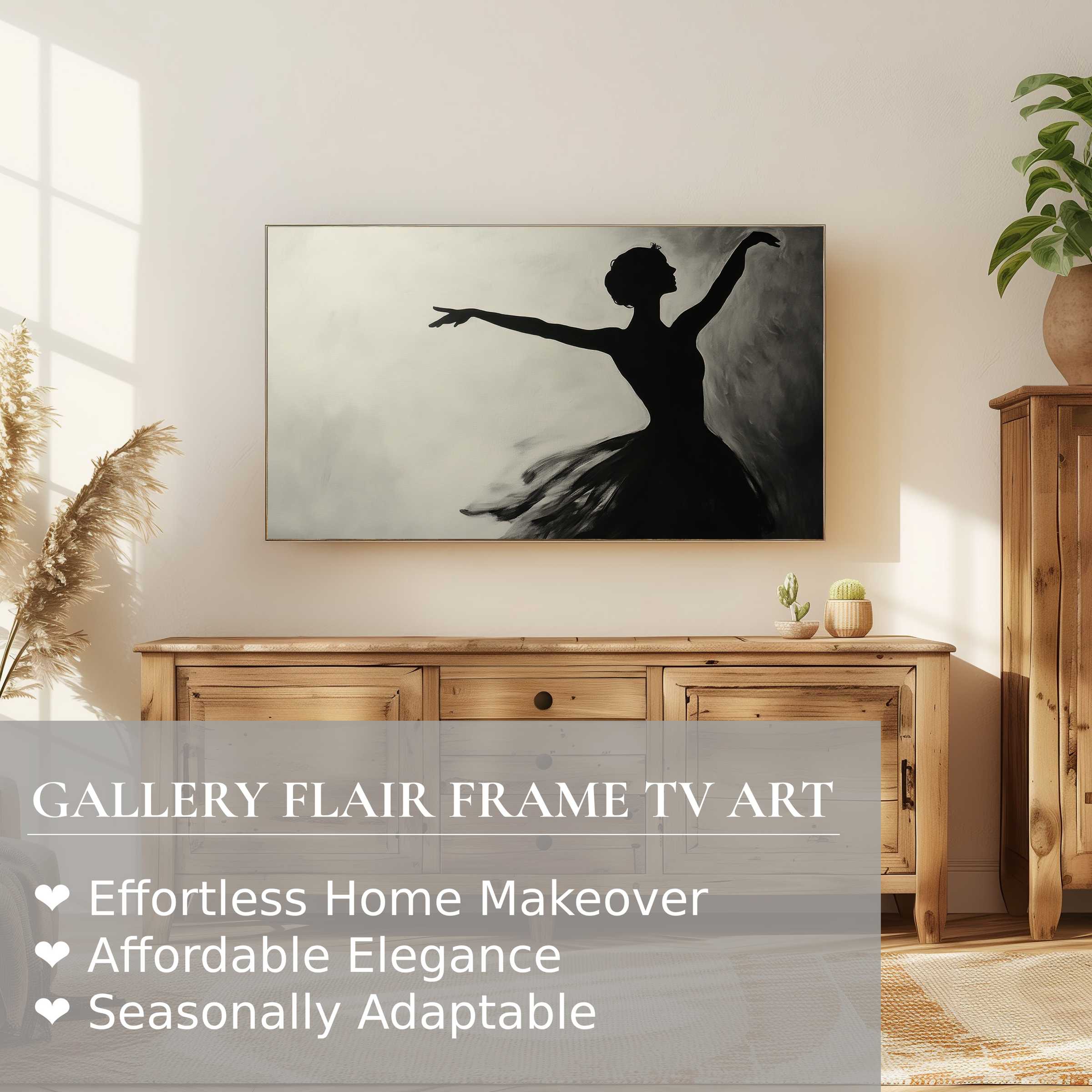 Elegant black and white digital artwork of a ballerina on Samsung Frame TV blends beautifully with warm modern decor