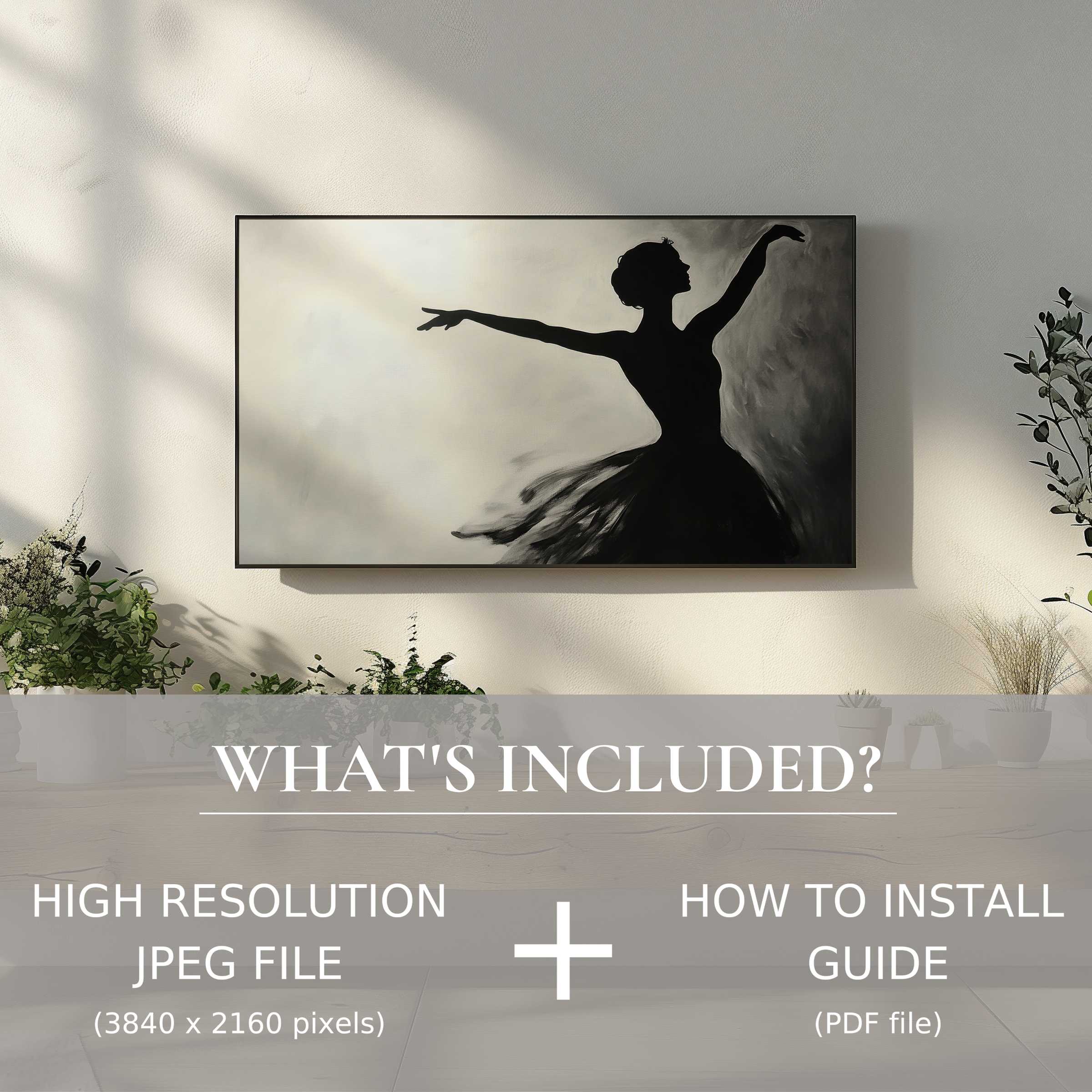 Elegant living space enhanced by black and white digital TV art download, easy to use and beautify your home