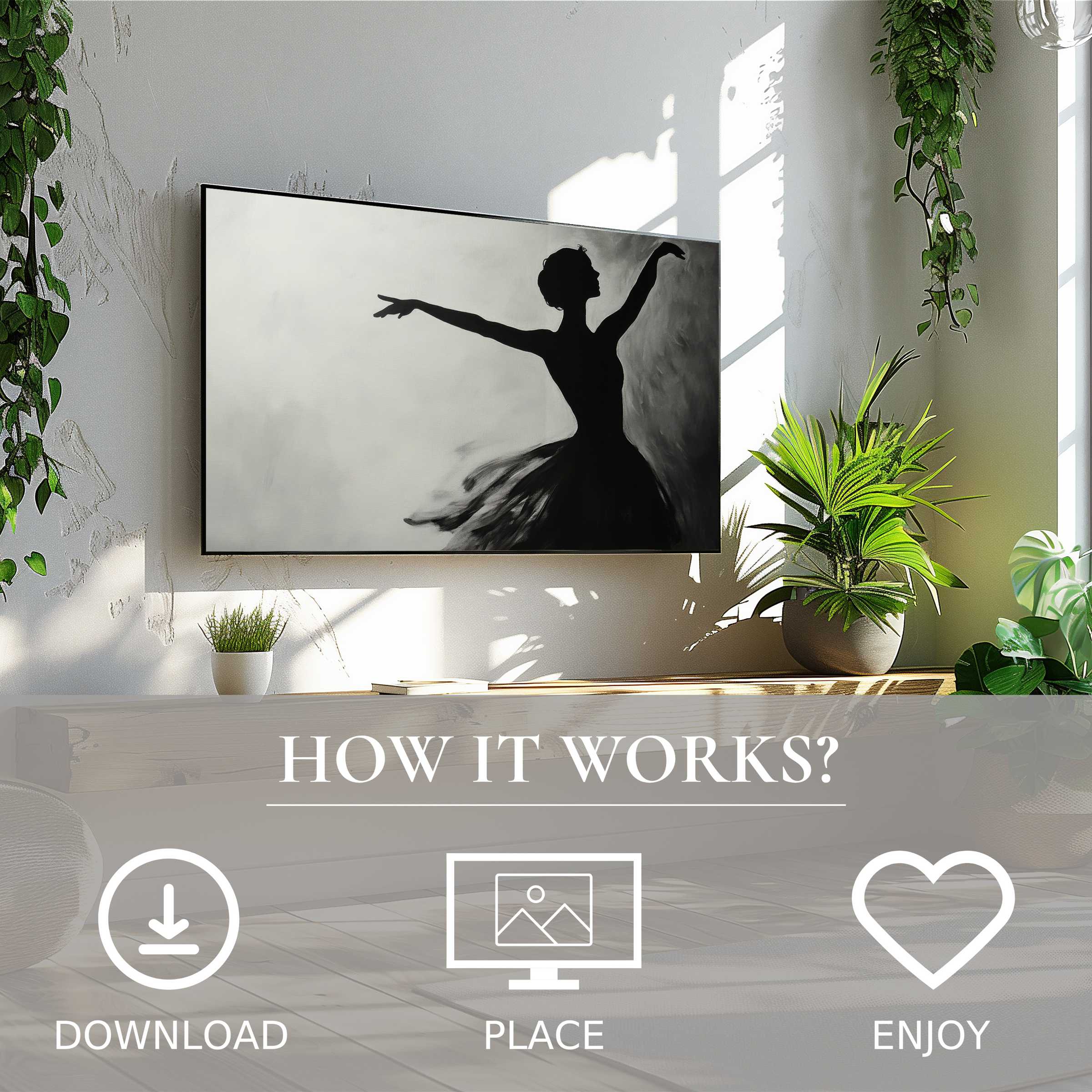Black and white art for Samsung TV showing a graceful dancer silhouette, easy digital download enriches space