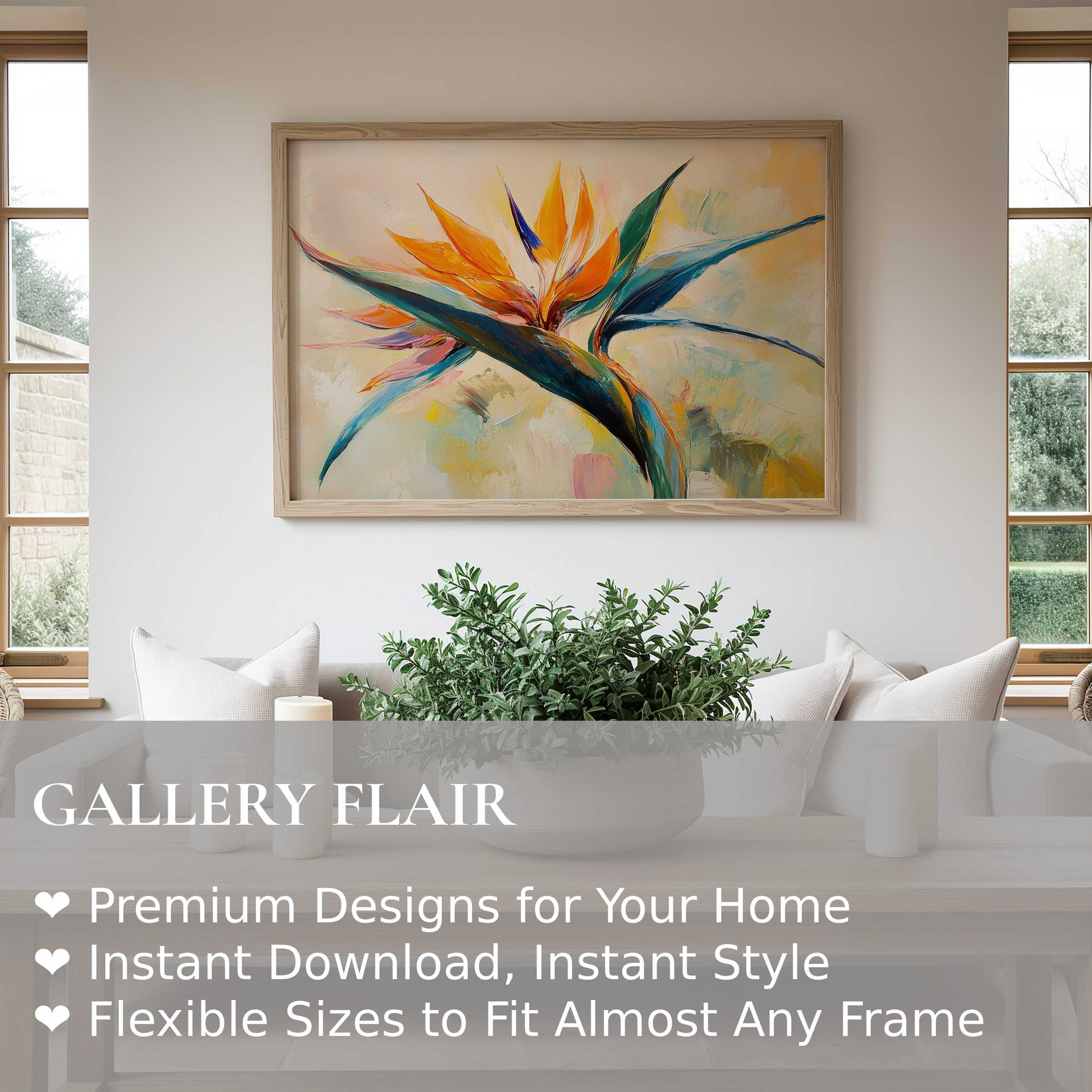 Vibrant botanical wall art print featuring bold bird of paradise blooms, enhancing serene modern living spaces with radiant, tropical elegance