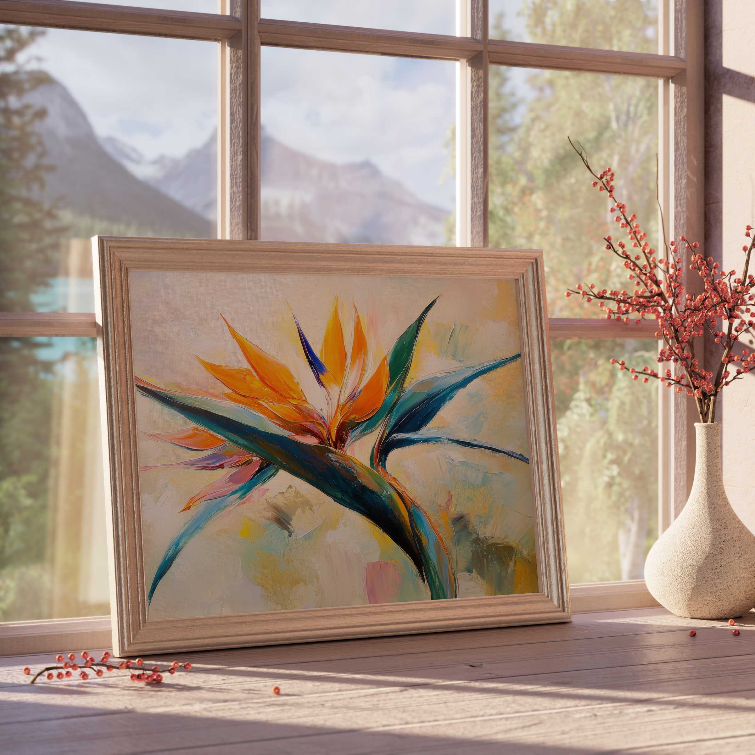 Botanical downloadable art featuring vibrant bird of paradise blooms, elevating tranquil, design-forward interiors with warm, curated elegance