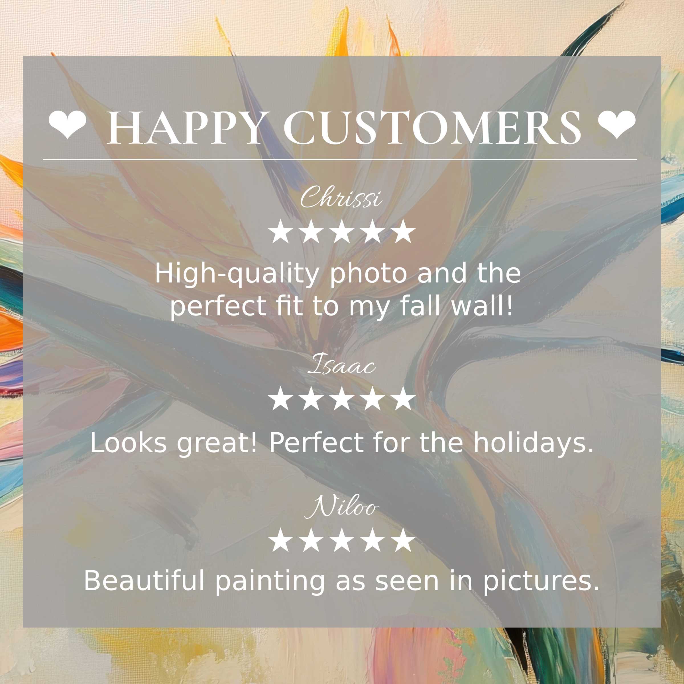 Happy customer reviews highlight botanical art for Frame TV with elegant abstract sunset hues inspiring trust