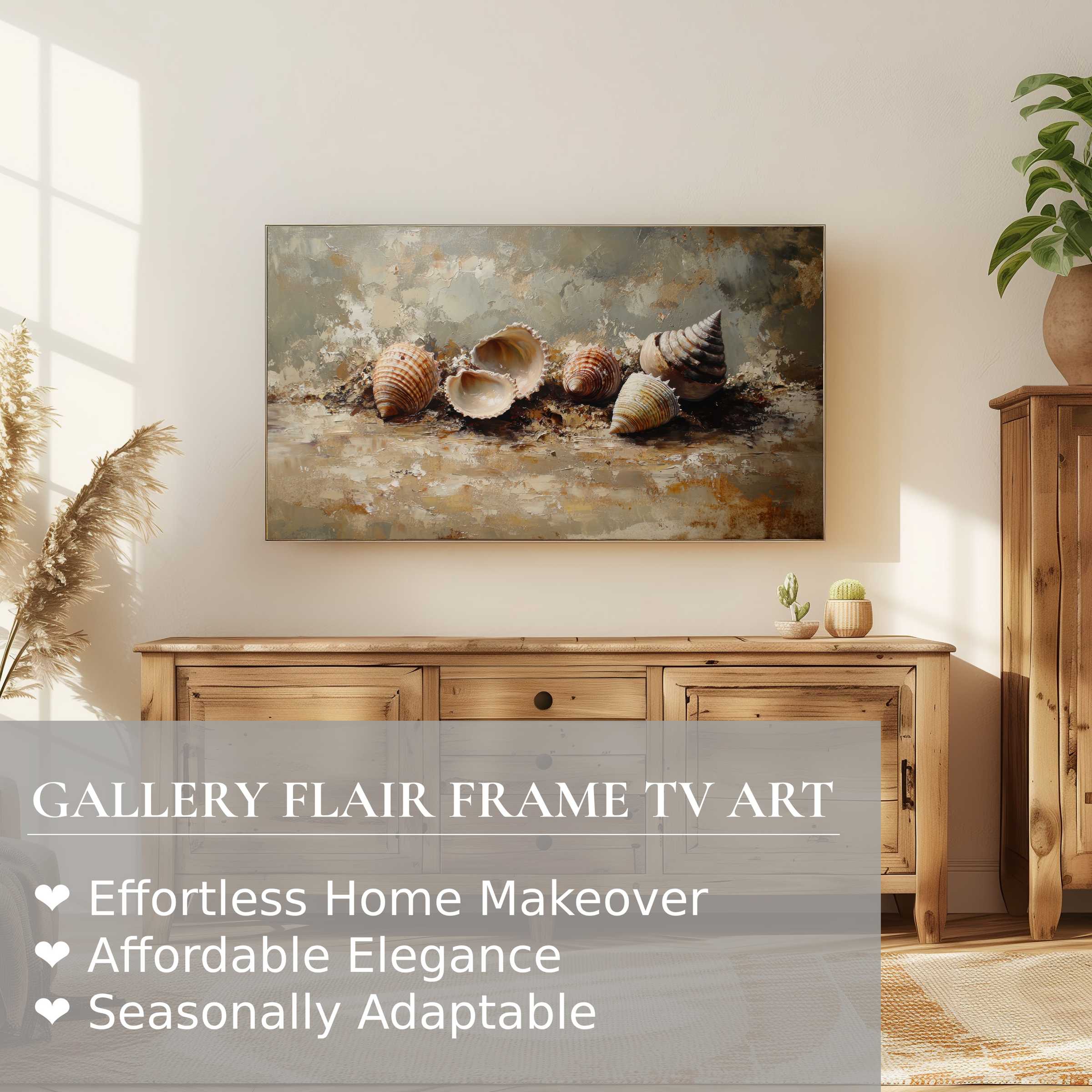 Samsung Frame TV displaying elegant beach digital artwork with seashells in a warm, natural living space