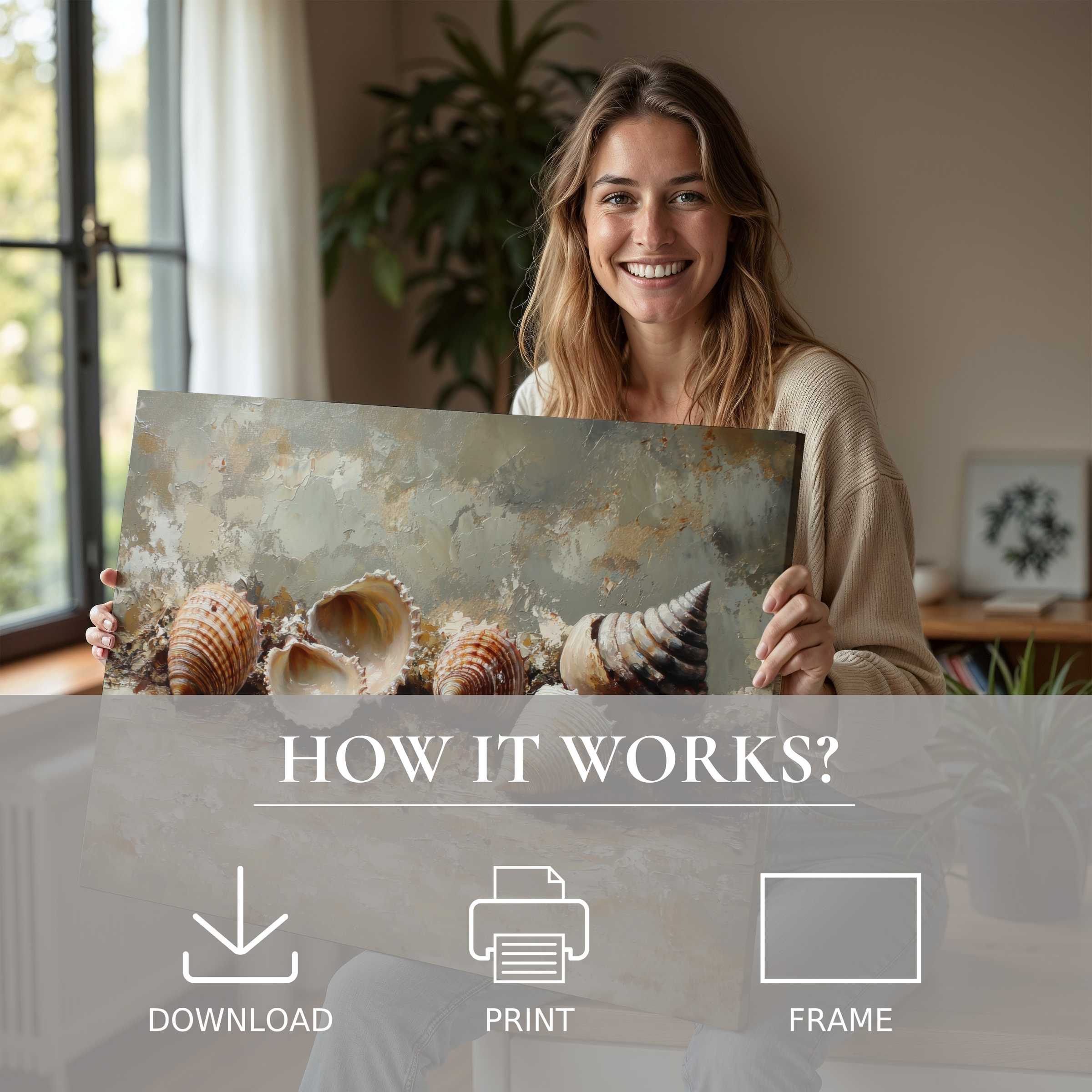 A modern woman radiates joy in a sunlit stylish home, connecting deeply with a serene beach digital art print