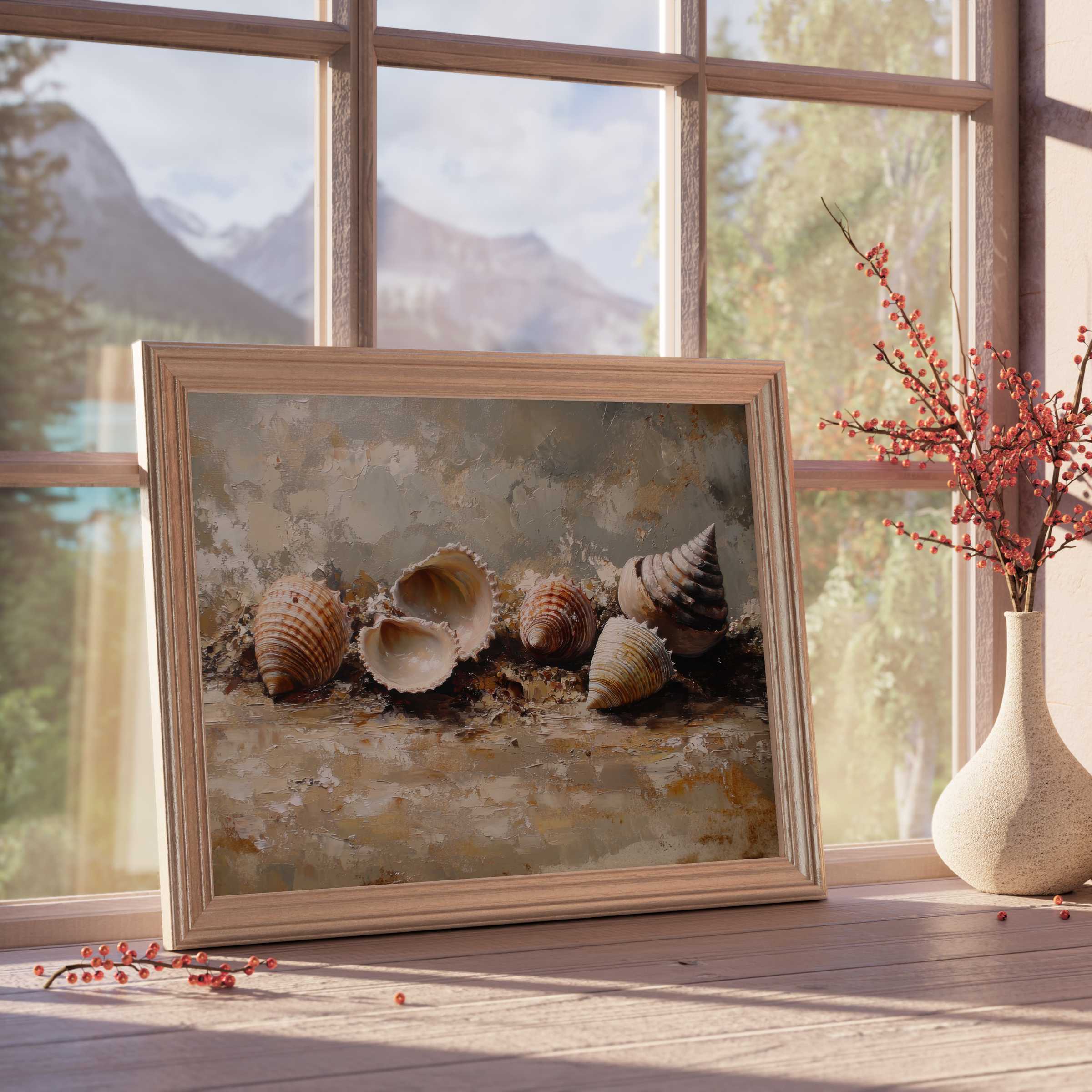 Beach downloadable art showcasing serene seashells in warm earthy tones, perfect for curated, tranquil interiors with coastal elegance