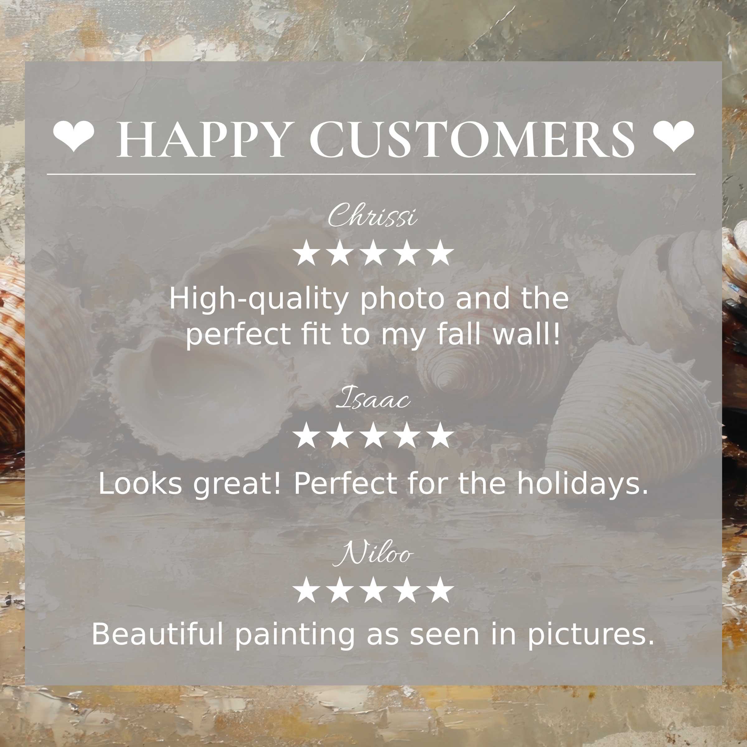 Elegant beach art for Frame TV with abstract shells background, featuring happy customer reviews to inspire trust