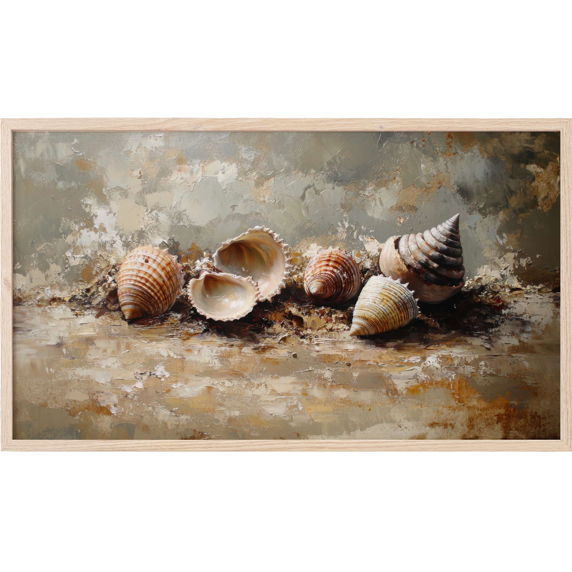 Beach Frame TV Art featuring textured seashells in warm neutrals and earthy tones with a modern, elegant finish