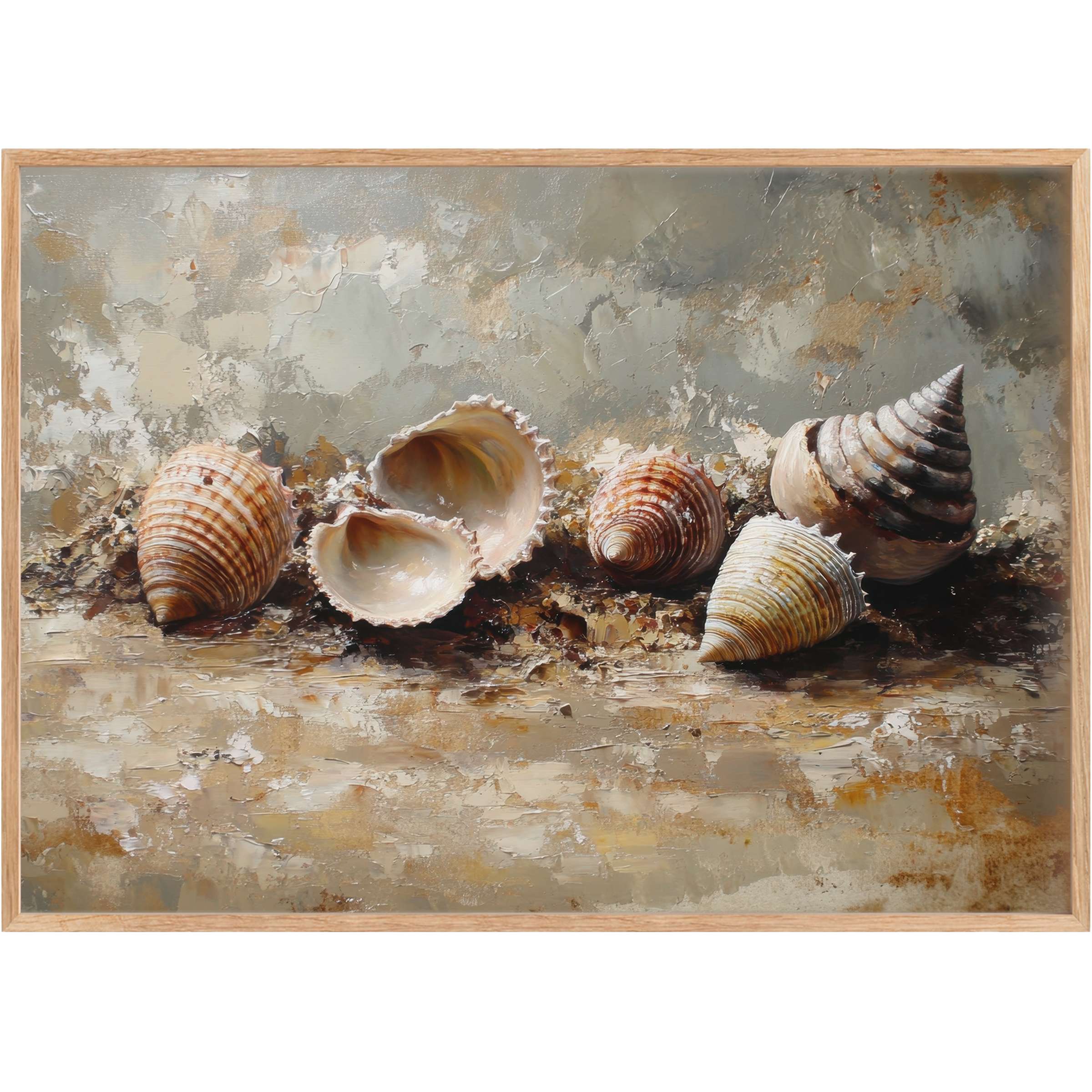 Elegant beach printable wall art featuring textured seashells in warm earth tones, evoking a serene coastal ambiance