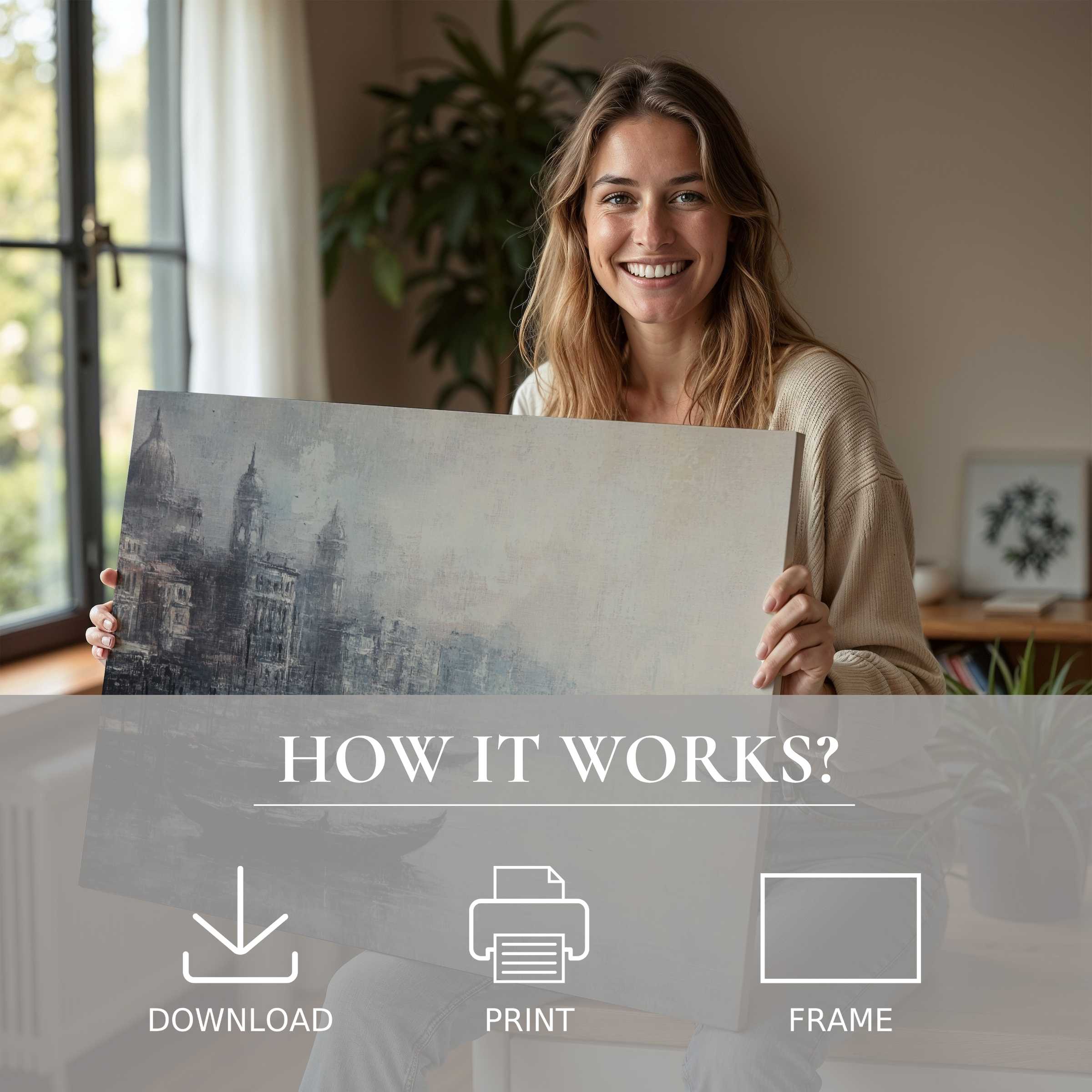 A radiant woman in a serene modern home, embracing the effortless joy of curating urban digital art prints that transform space