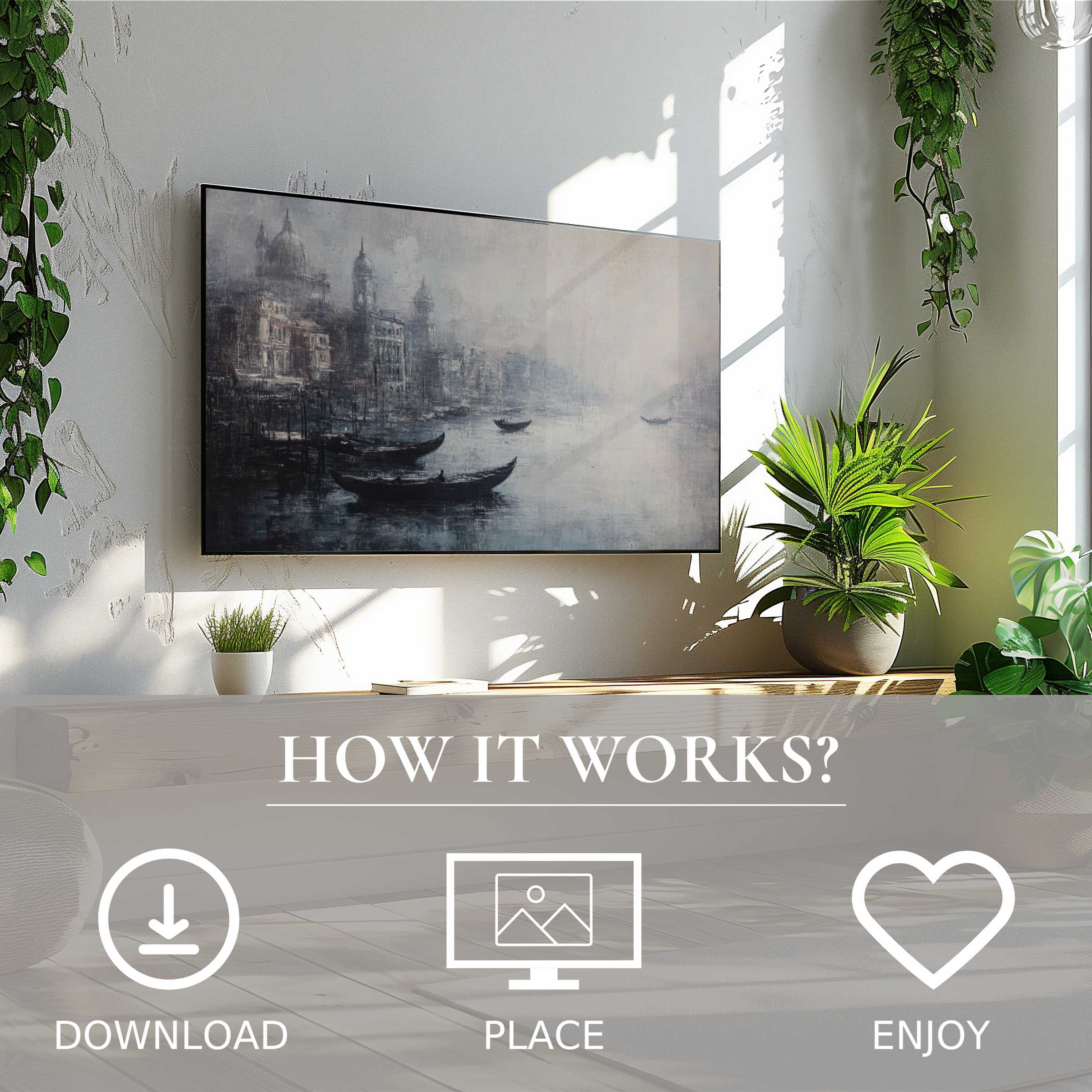 Modern living room with urban art for Samsung TV, easy digital download; muted Venetian canal motif enriches space