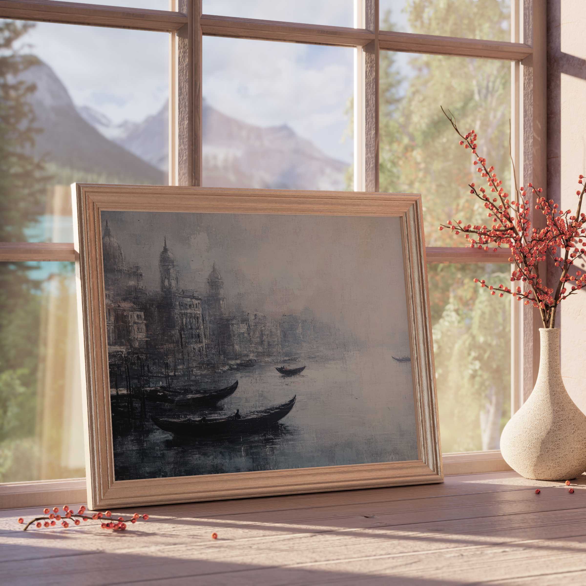 Urban downloadable art capturing serene foggy waterways and historic architecture, perfect for calm, design-forward interiors