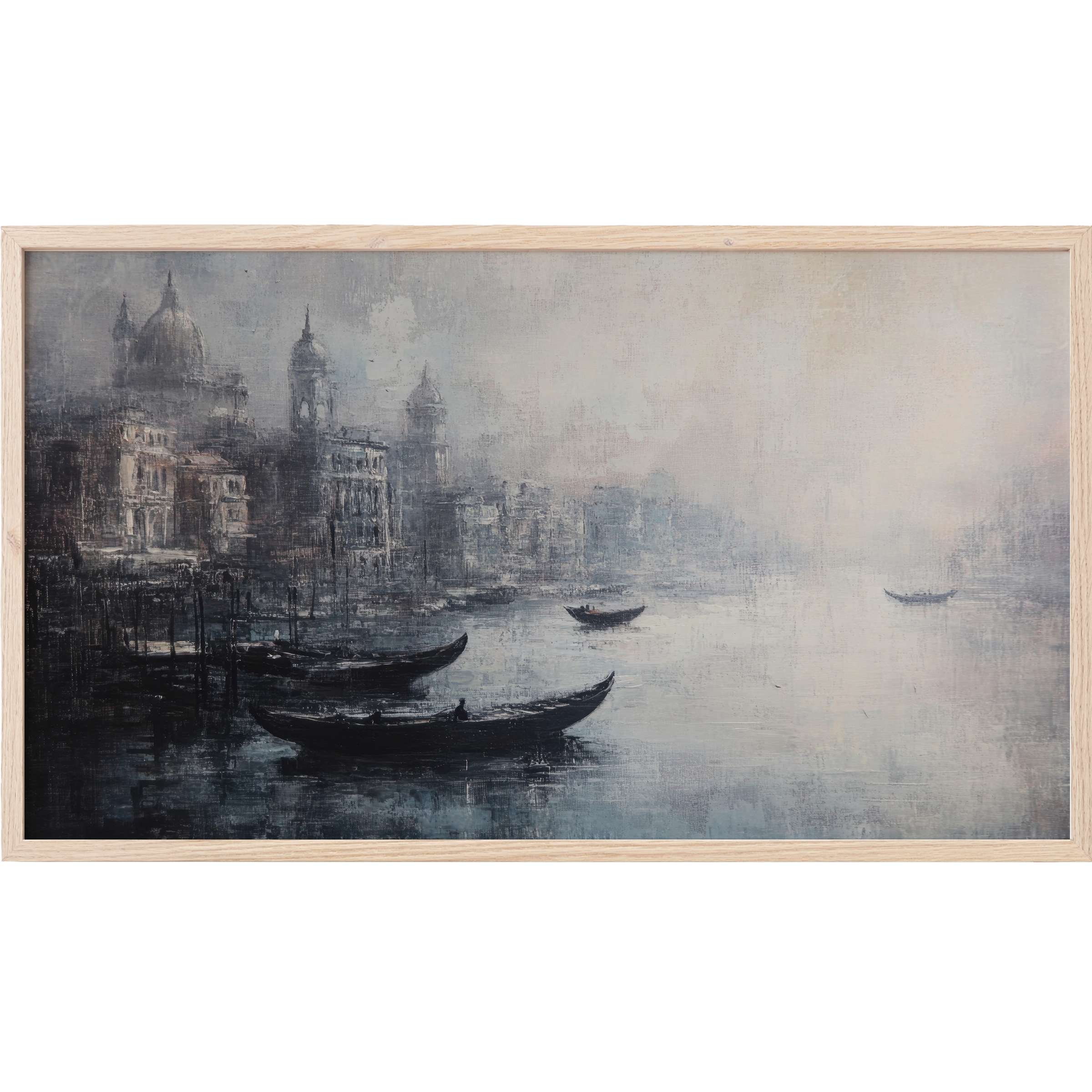 Misty Venetian canal with gondolas in muted grays and blues, a serene urban Frame TV Art for modern spaces