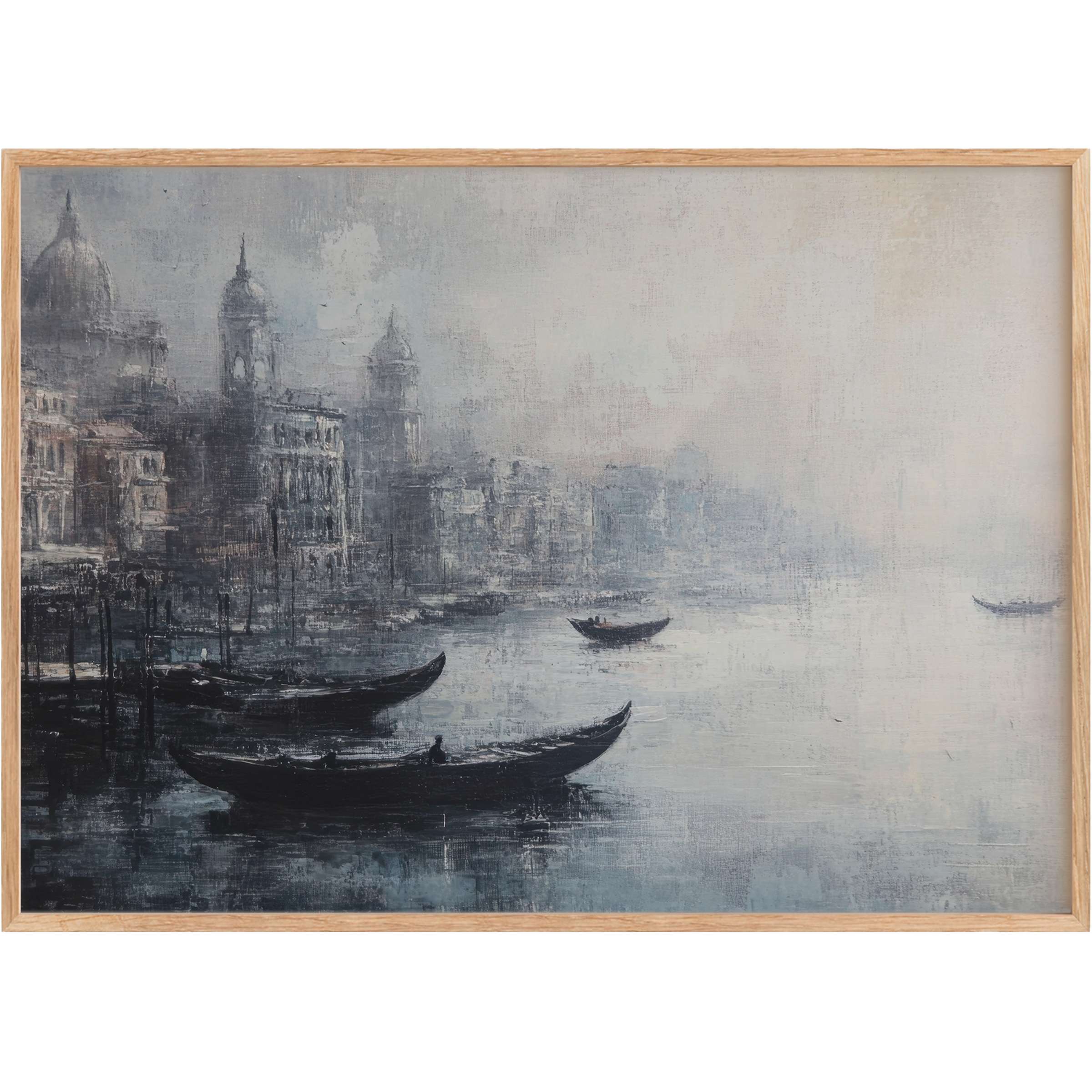 Urban printable wall art capturing a misty canal scene with moody blues and soft grays, evoking serene elegance and timeless charm