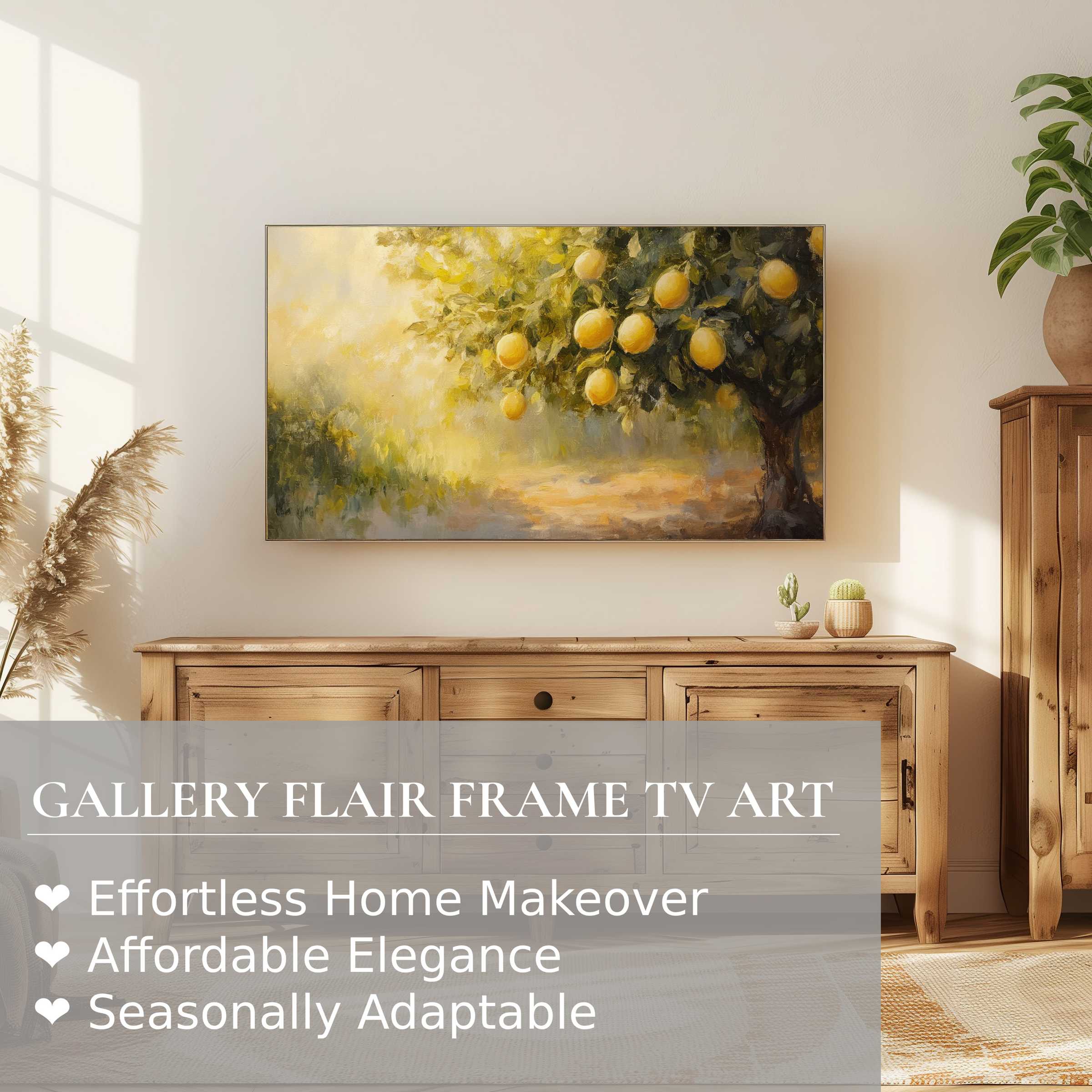 Samsung Frame TV displays warm summer digital artwork of lemons in an elegant, sunlit living room setting