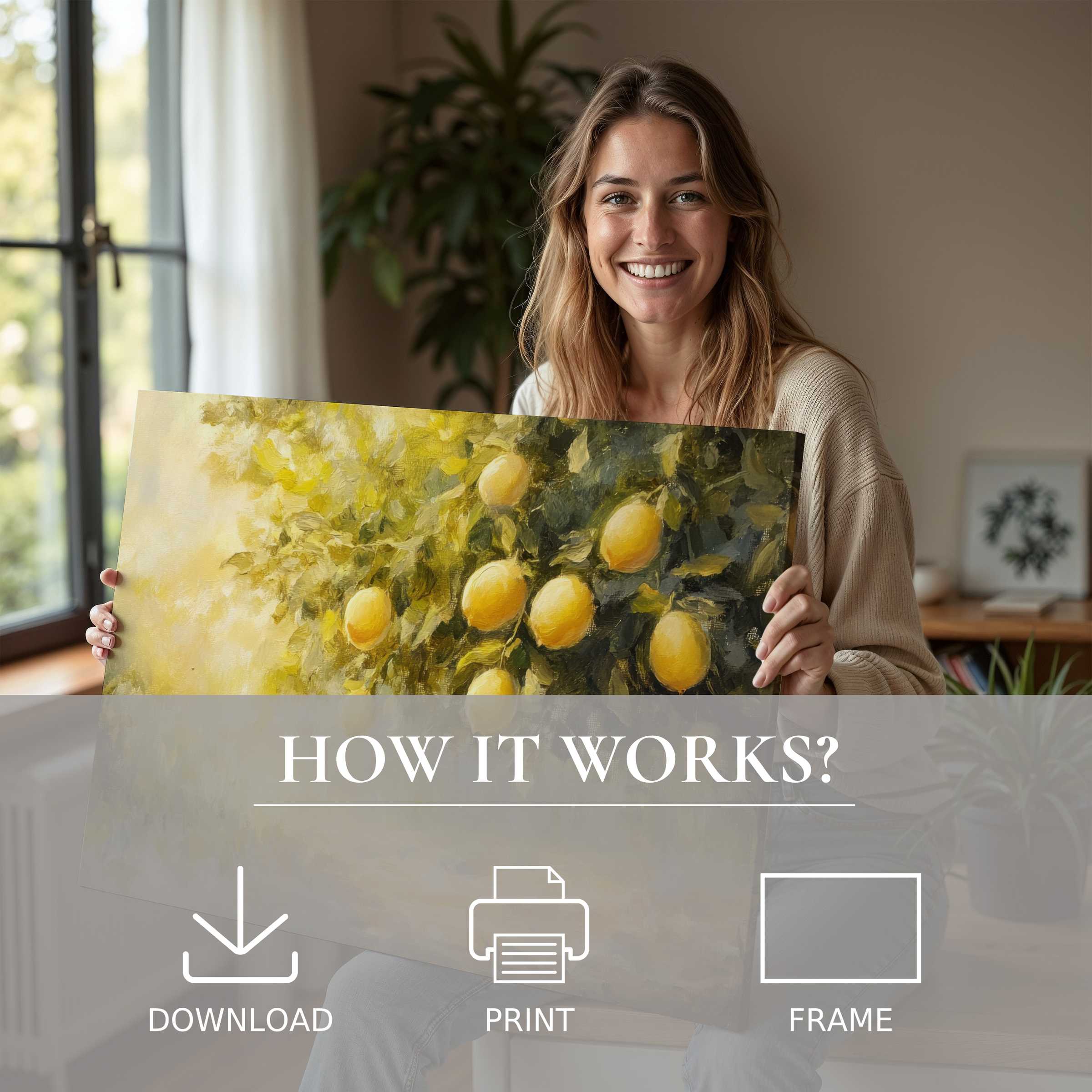 Bright summer digital art print of golden lemons brings warmth and joy to a stylish modern home interior