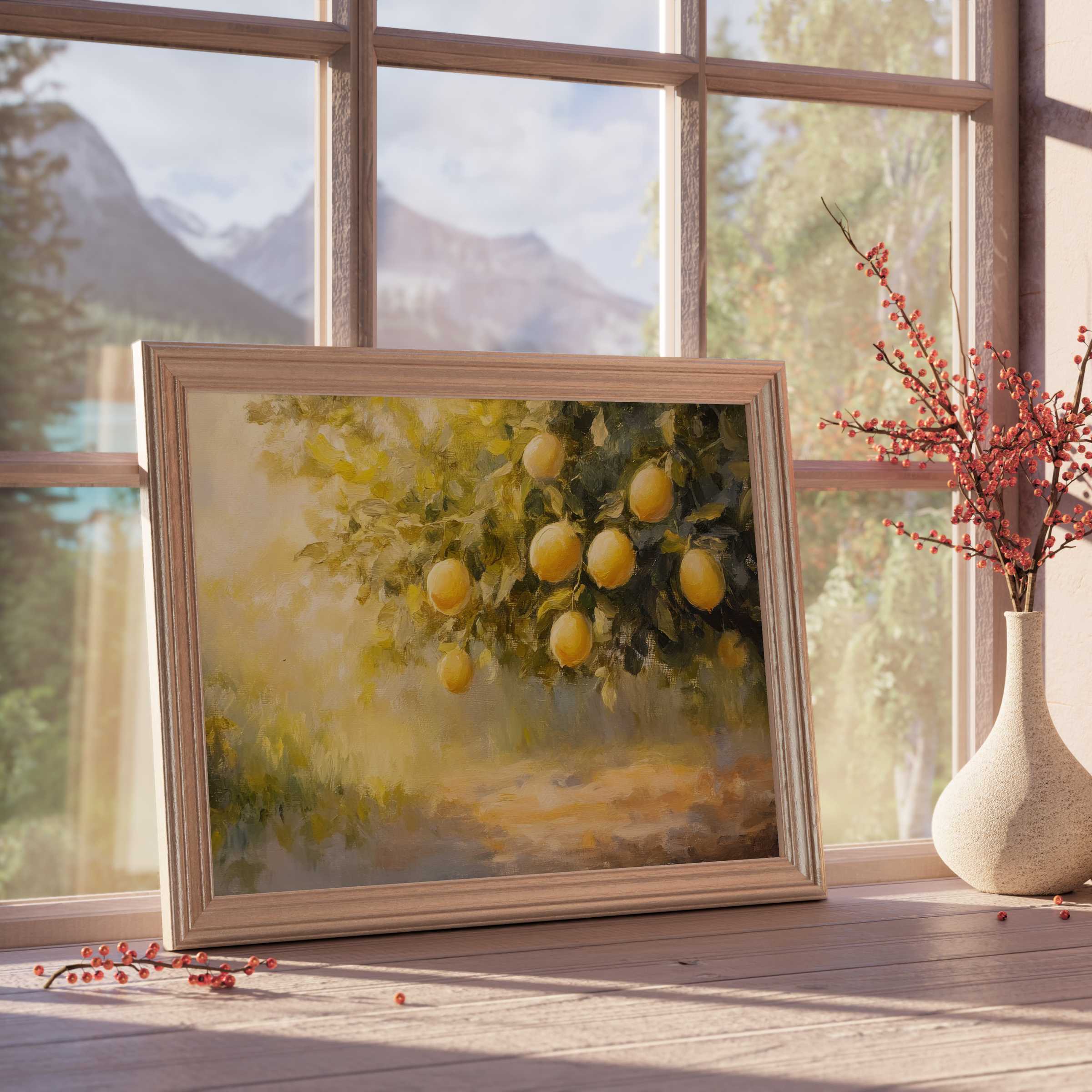 Sun-dappled lemon branch art infuses summer downloadable art with tranquil elegance, brightening serene, curated interiors