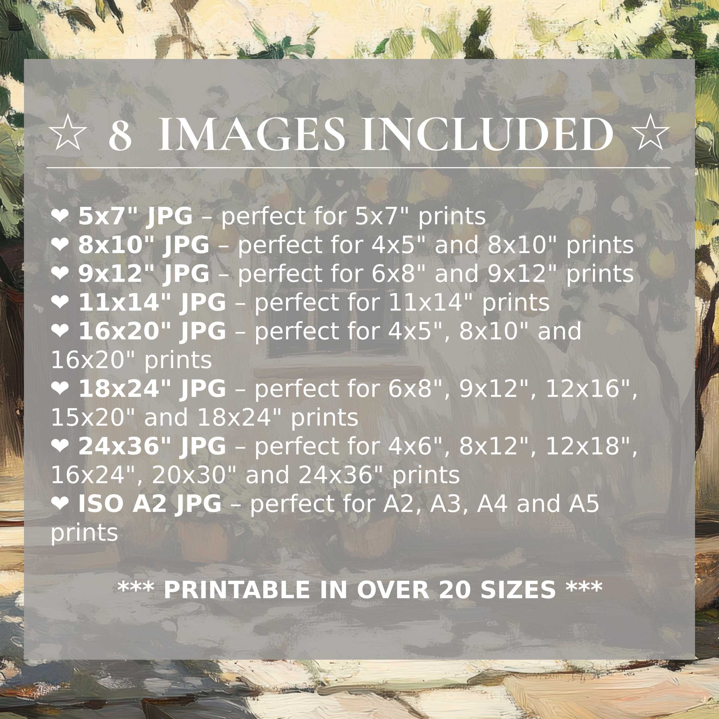 Print size guide showing 8 included JPG formats for versatile wall art printing – perfect for framing in popular sizes from 5x7 to 24x36 and A2