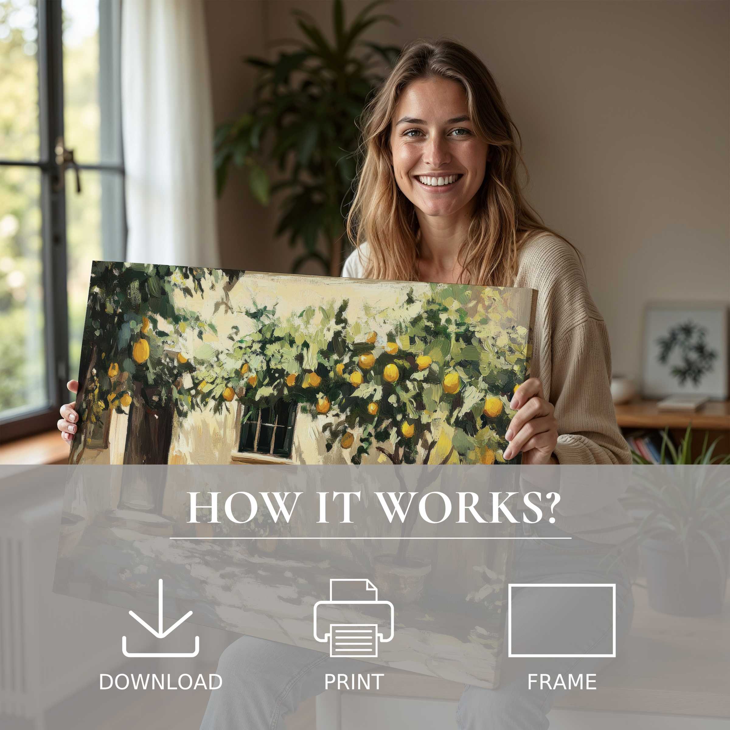 Radiant joy in a modern home as a woman unveils a tree digital art print, inviting warmth and effortless elegance