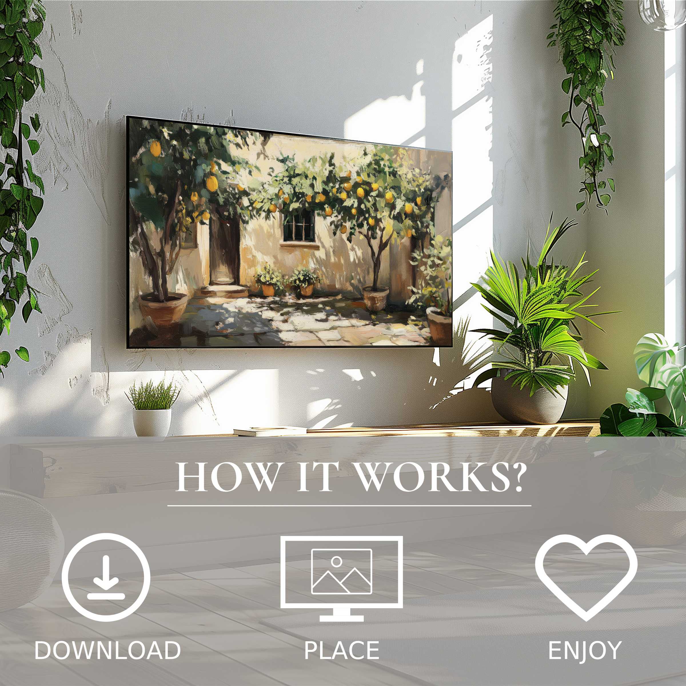 Tree art for Samsung TV shows warm lemon tree motif with sunlight; easy digital download enriches modern living spaces