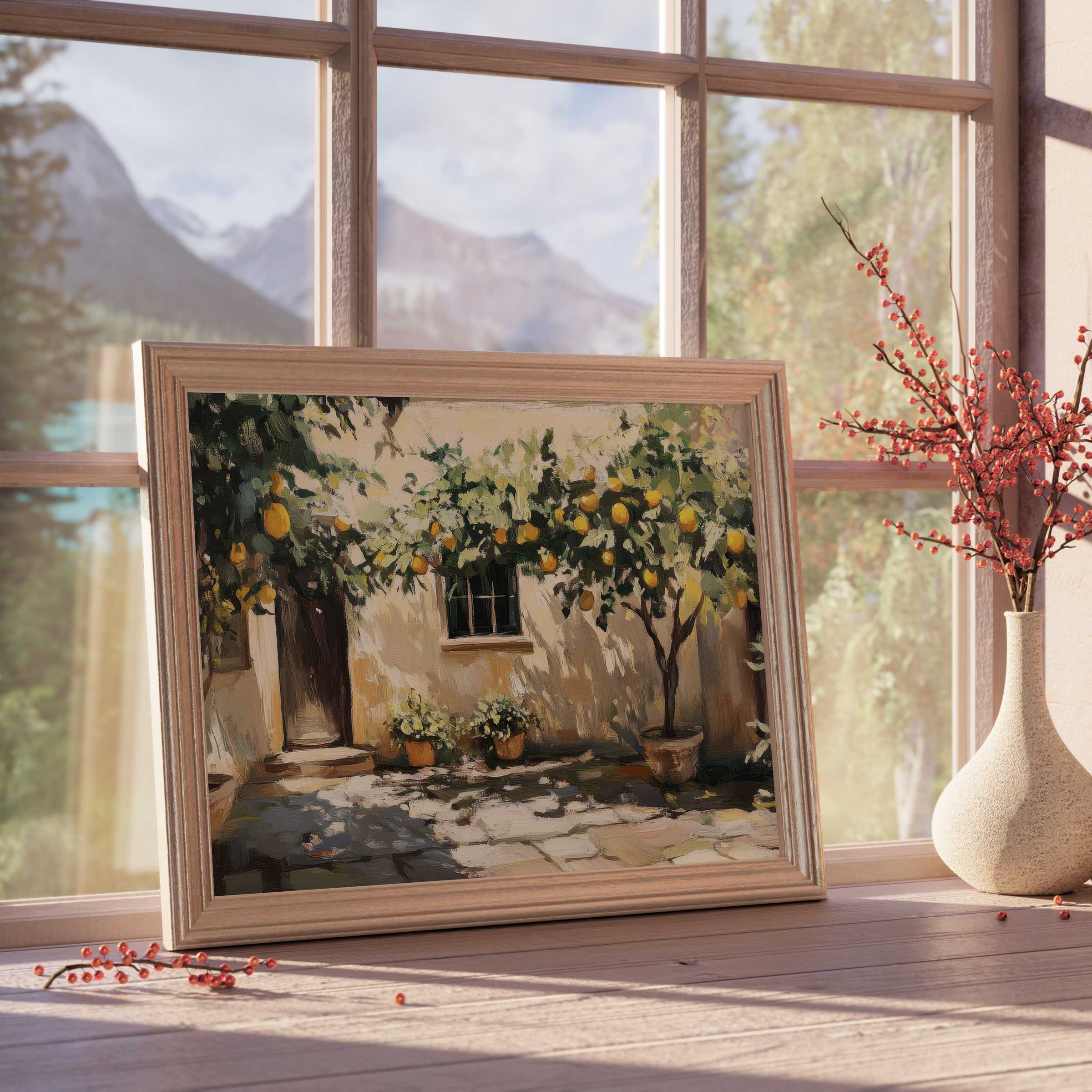 Sun-dappled lemon tree downloadable art, evoking serene Mediterranean charm for curated, tranquil luxury interiors