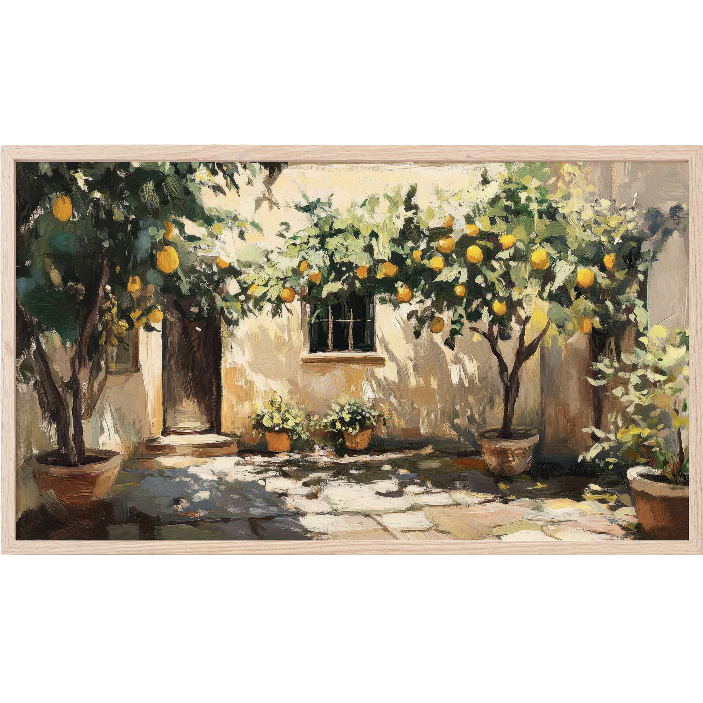 Sunlit courtyard with vibrant lemon trees in textured brushstrokes, warm hues, and subtle shadows, tree Frame TV Art