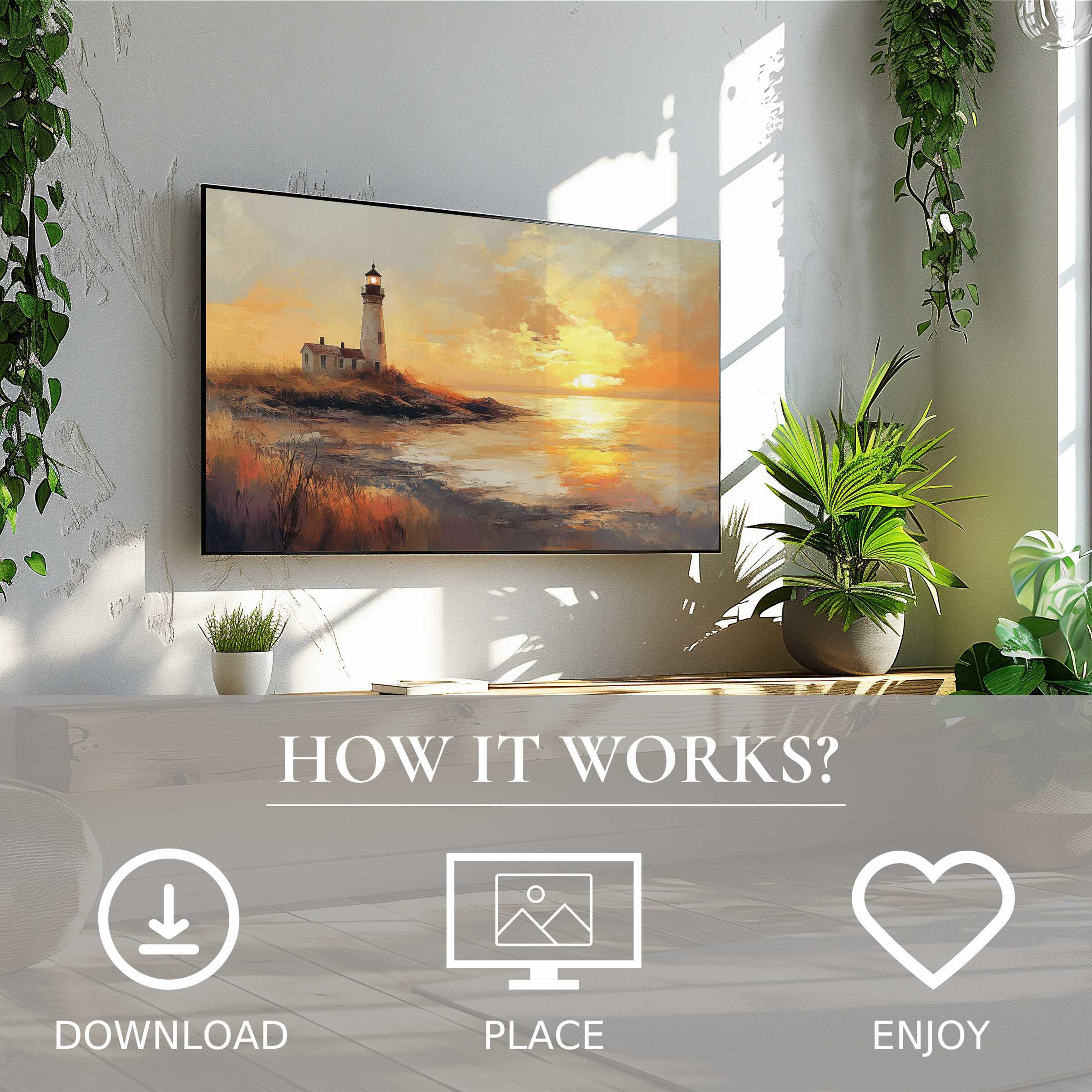 Coastal art for Samsung TV, soft sunset tones on Frame TV, easy digital download enriches modern living spaces