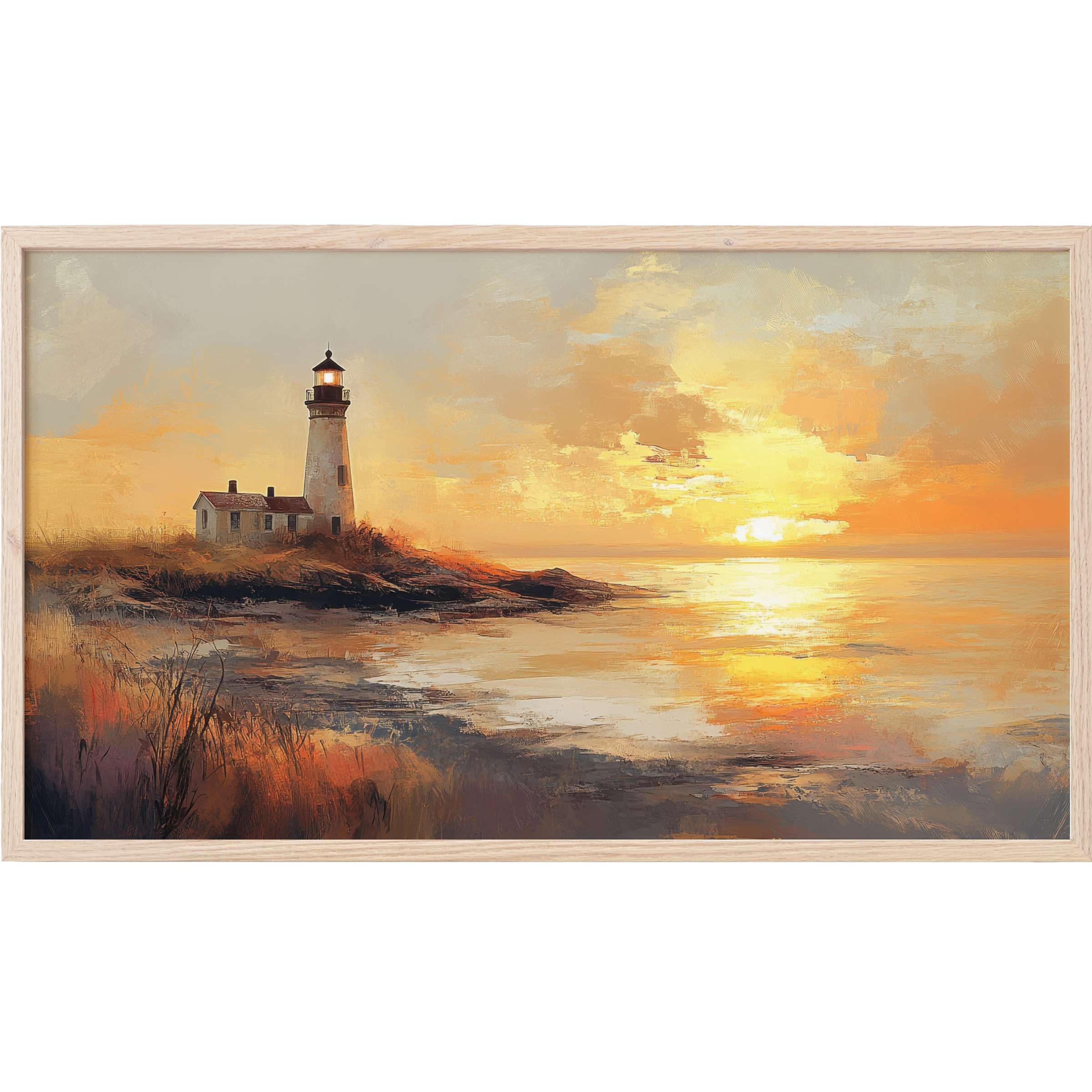 Serene lighthouse at sunset with warm golds and soft grays, a refined coastal Frame TV Art for stylish interiors