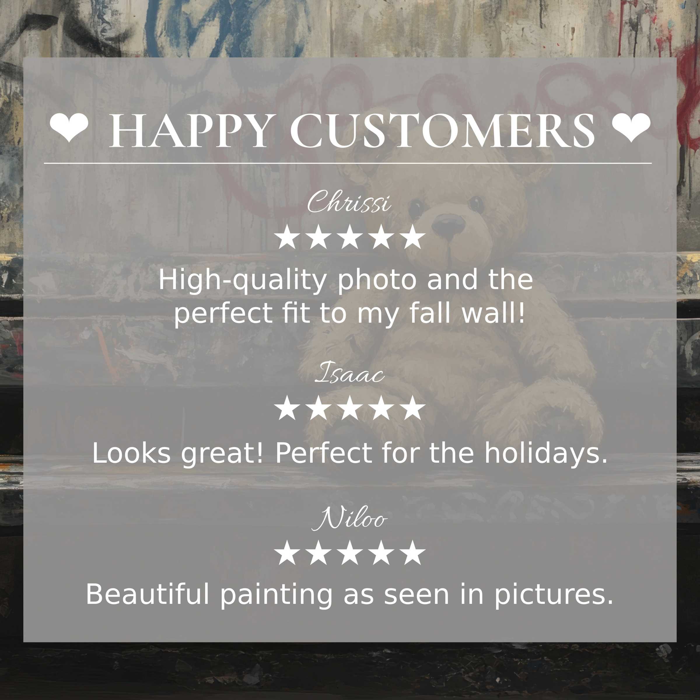 Street art for Frame TV with happy customer reviews over muted graffiti background, inspiring trust and elegant style