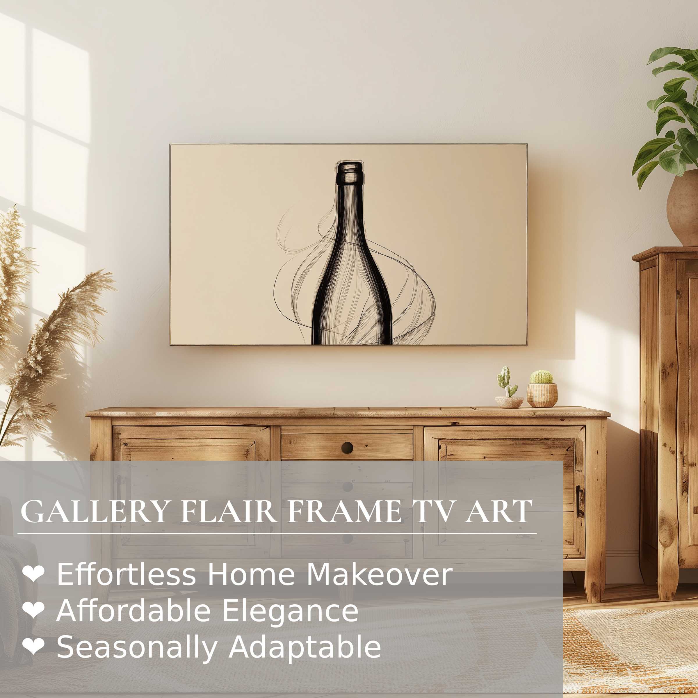 Samsung Frame TV showcasing minimalist digital artwork of a sleek bottle in a warm, modern living space