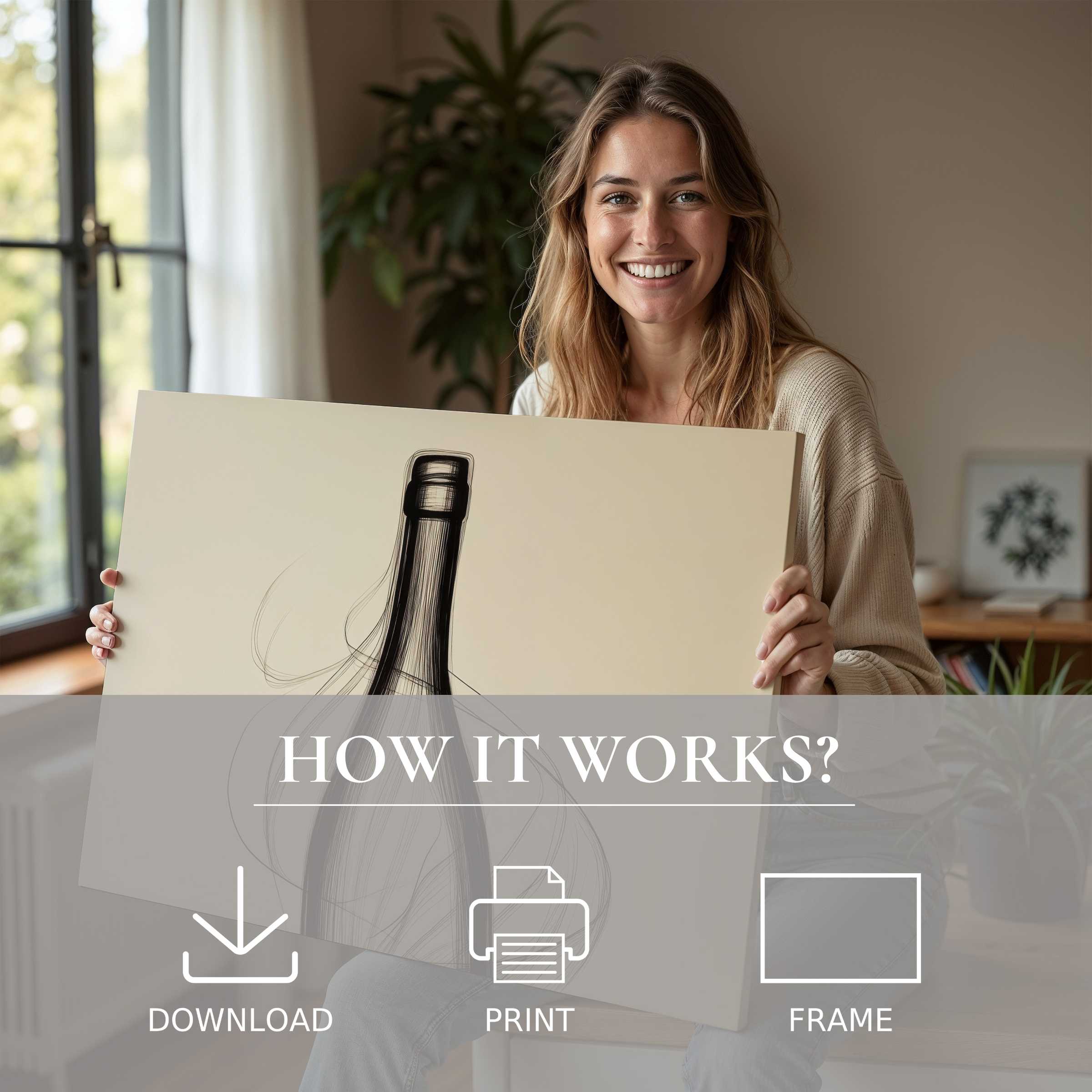 Elegant minimalist digital art print embraced in a sunlit, modern home, inspiring joy and seamless style