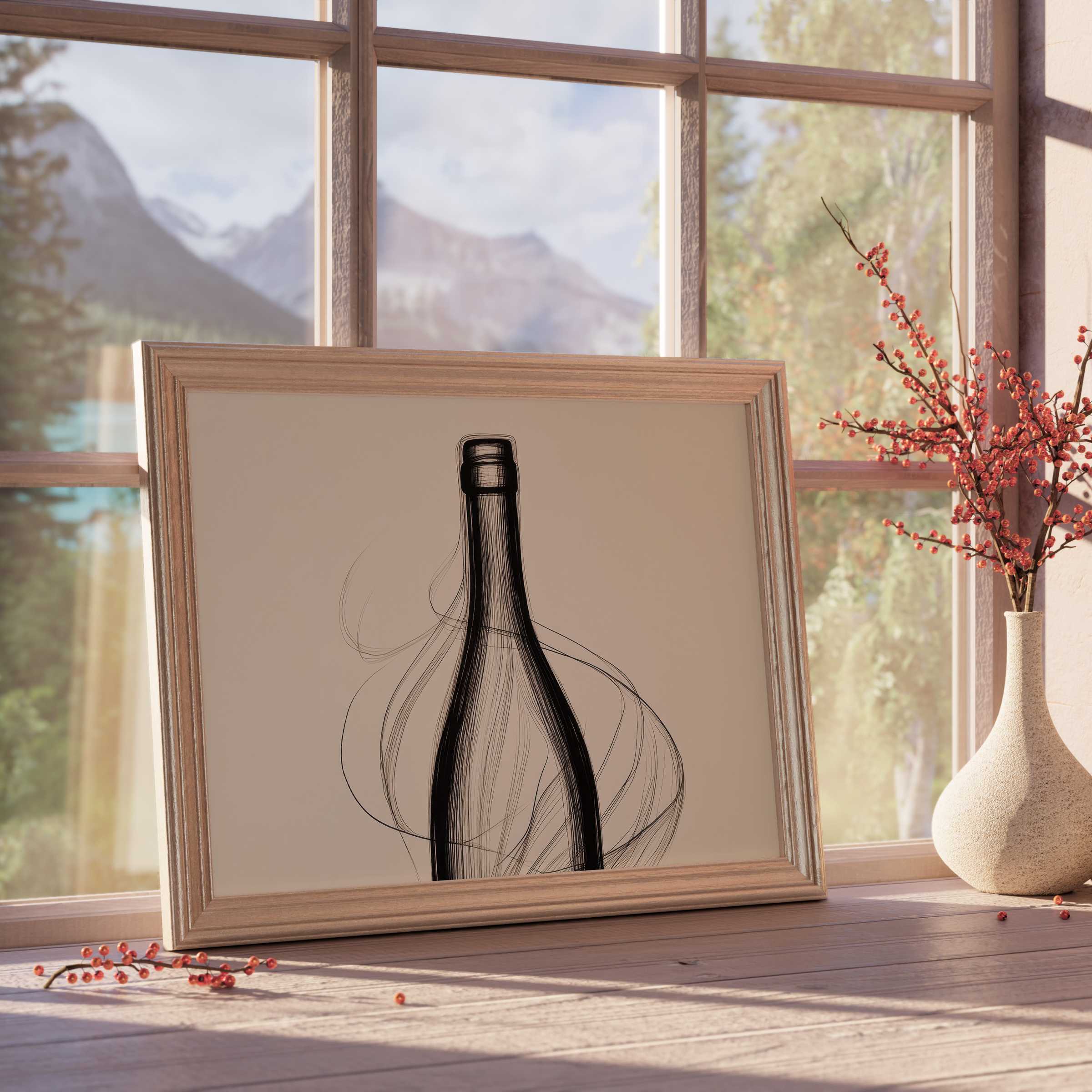 Minimalist downloadable art featuring an elegant black bottle sketch, enhancing serene, curated spaces with modern, sophisticated vibe