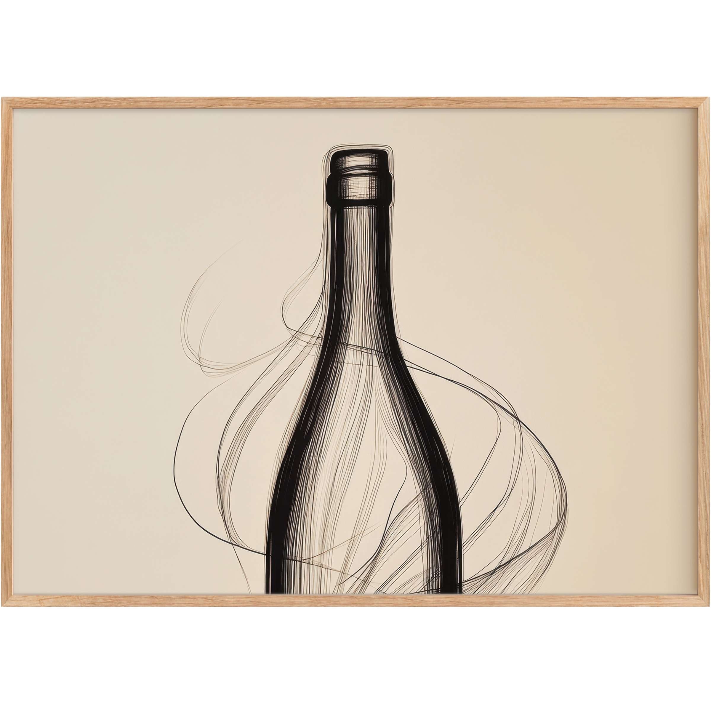 Elegant black line art of a bottle with flowing curves, a minimalist printable wall art evoking serene sophistication