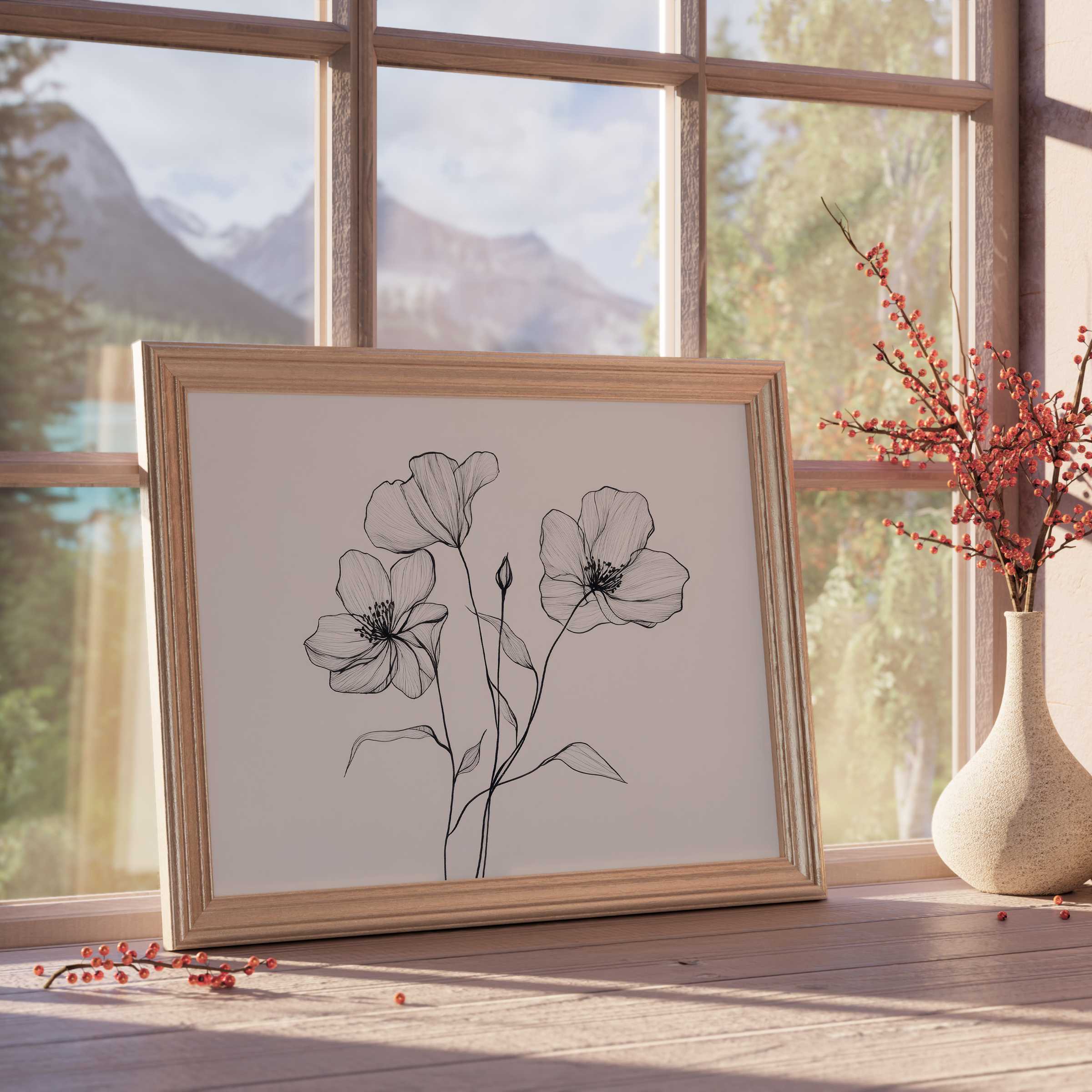 Elegant floral downloadable art featuring delicate line-drawn blooms in a natural wood frame, inspiring serene, curated interiors