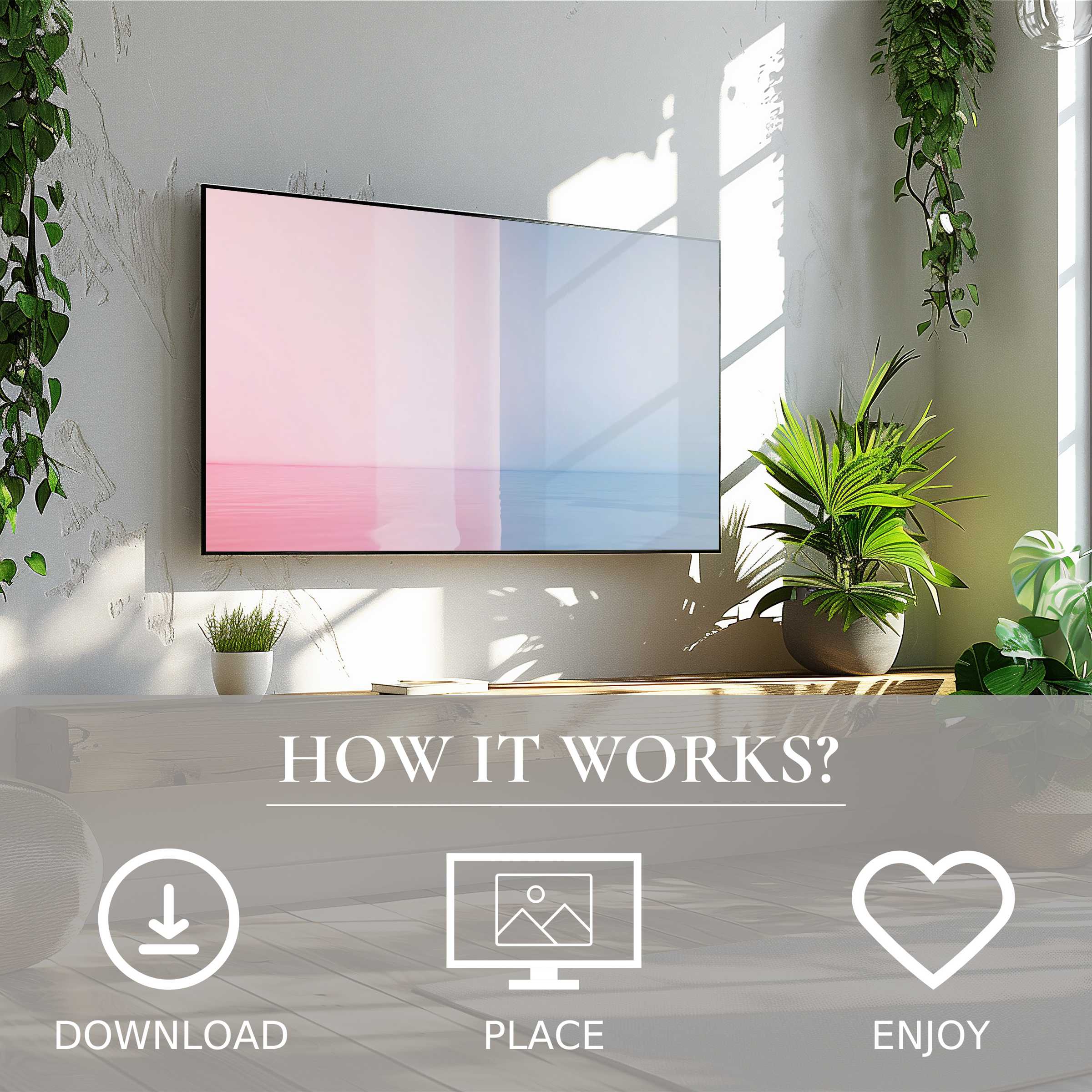 Modern art for Samsung TV shows soft pink and blue color flow, easy digital download enriching stylish living spaces