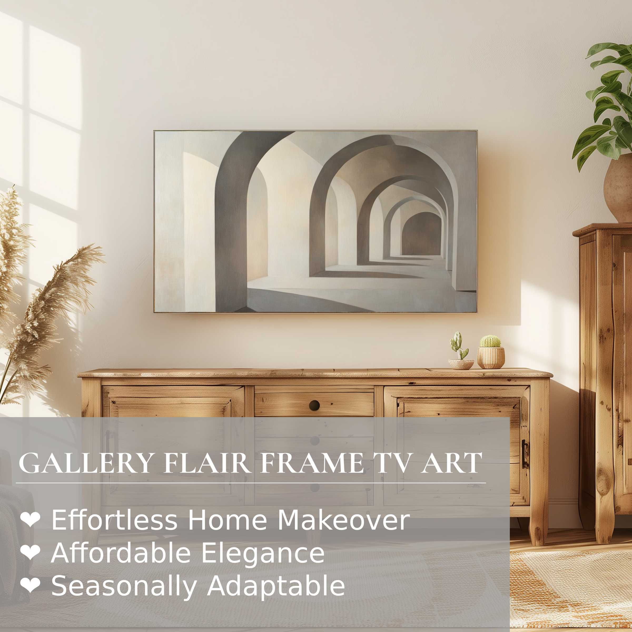 Modern neutral digital artwork of arches displayed on Samsung Frame TV, enhancing elegant, natural home decor settings
