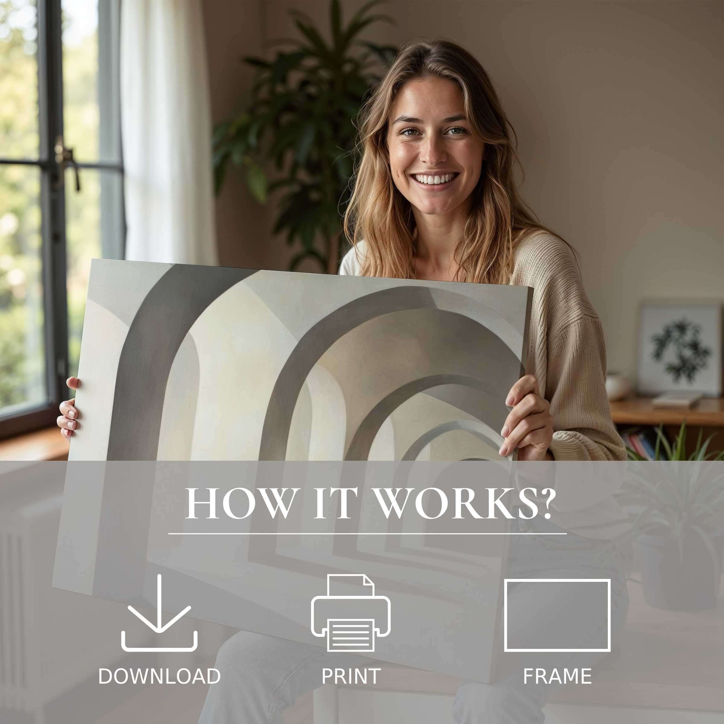 A serene moment in a modern home, where neutral digital art print shapes joy and effortless style through graceful arches