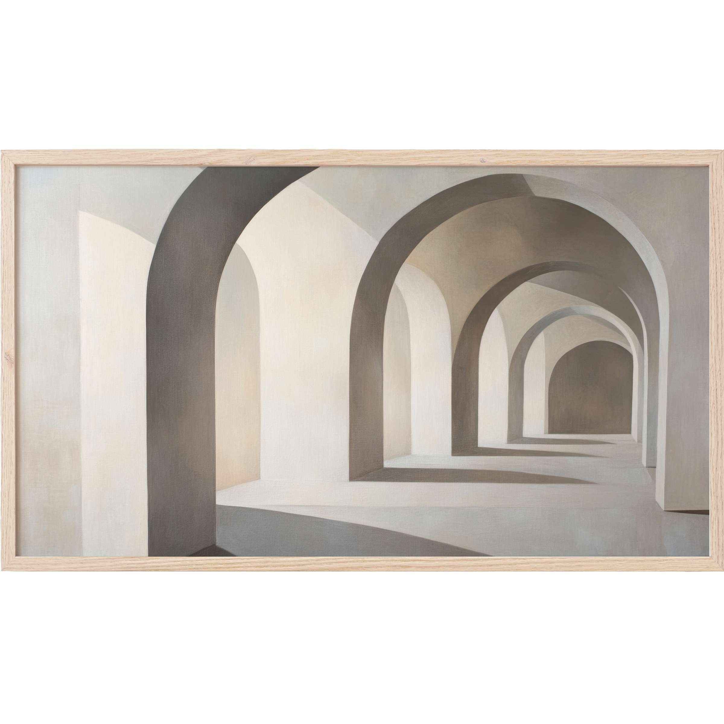 Minimalist arches in soft neutrals create depth and light contrast in this serene, neutral Frame TV Art piece