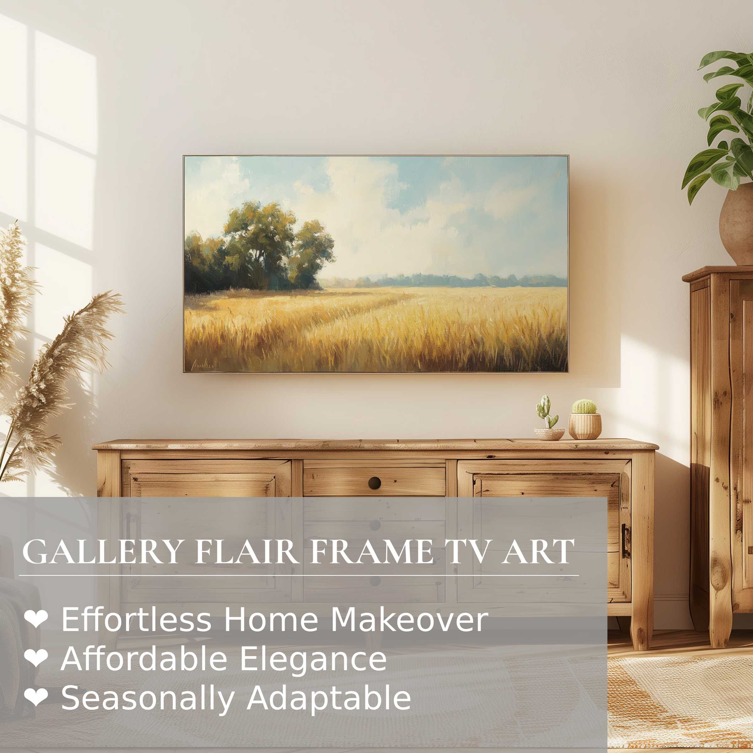 Samsung Frame TV showcasing serene farmhouse digital artwork in a sunlit, modern rustic living room setting
