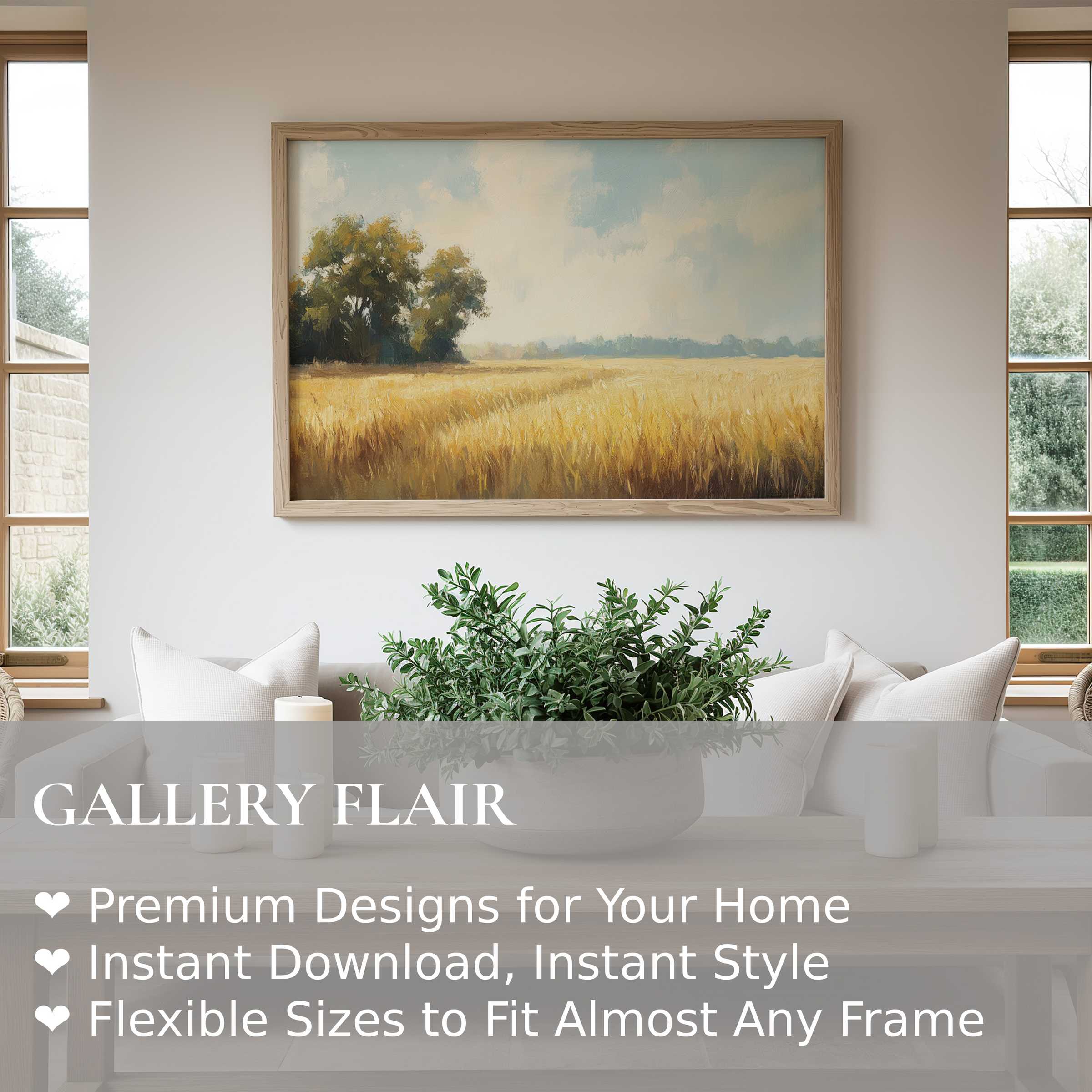 Farmhouse wall art print depicting a serene golden wheat field under soft skies, enhancing modern rustic interiors with warm, calming elegance